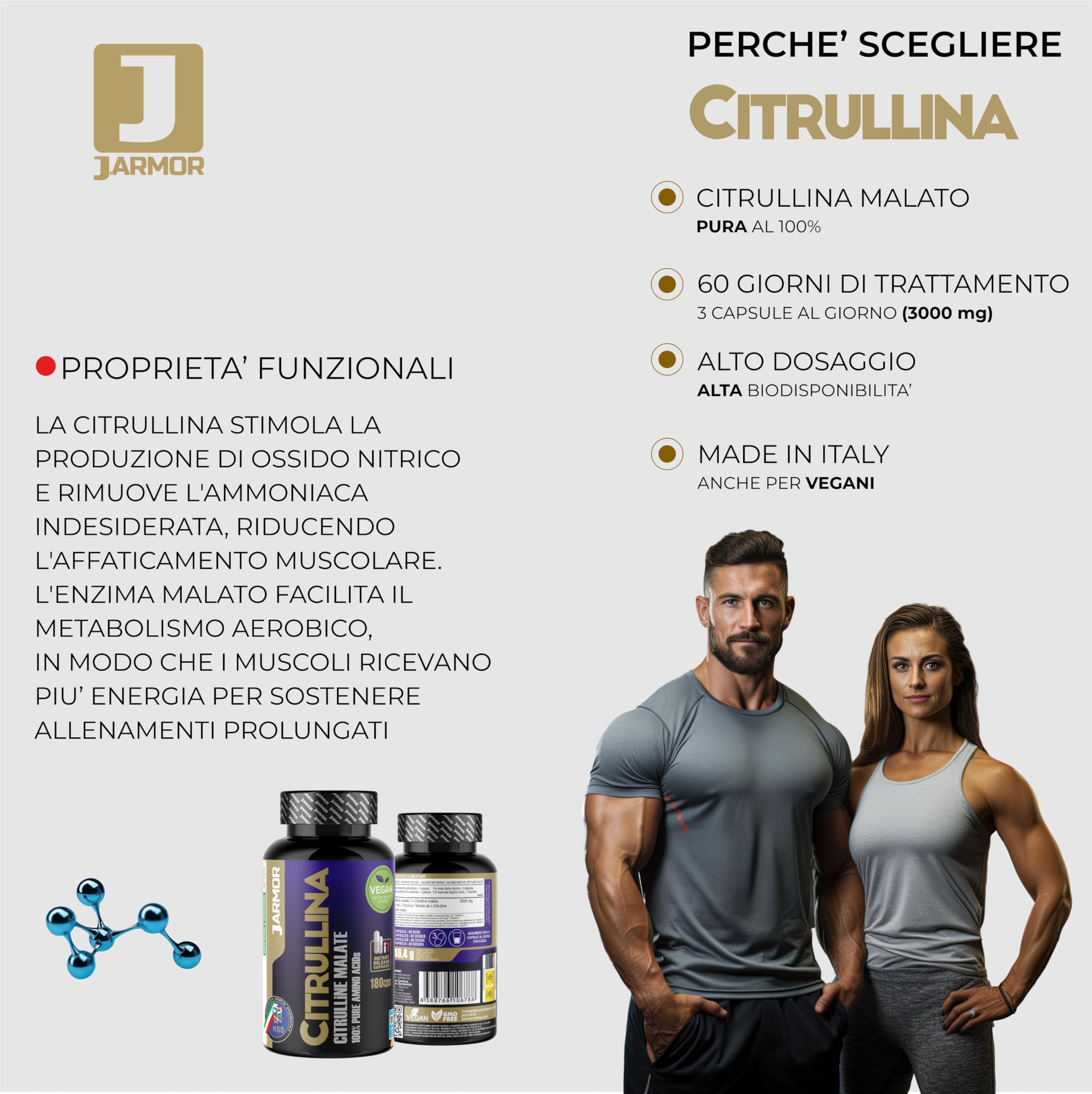 Citrullina Malato 3000mg - 180 Capsule J.Armor Pharma, L-Citrullina Pura Pre-Workout Naturale, Supporto Muscolare e Resistenza (180 CPS)