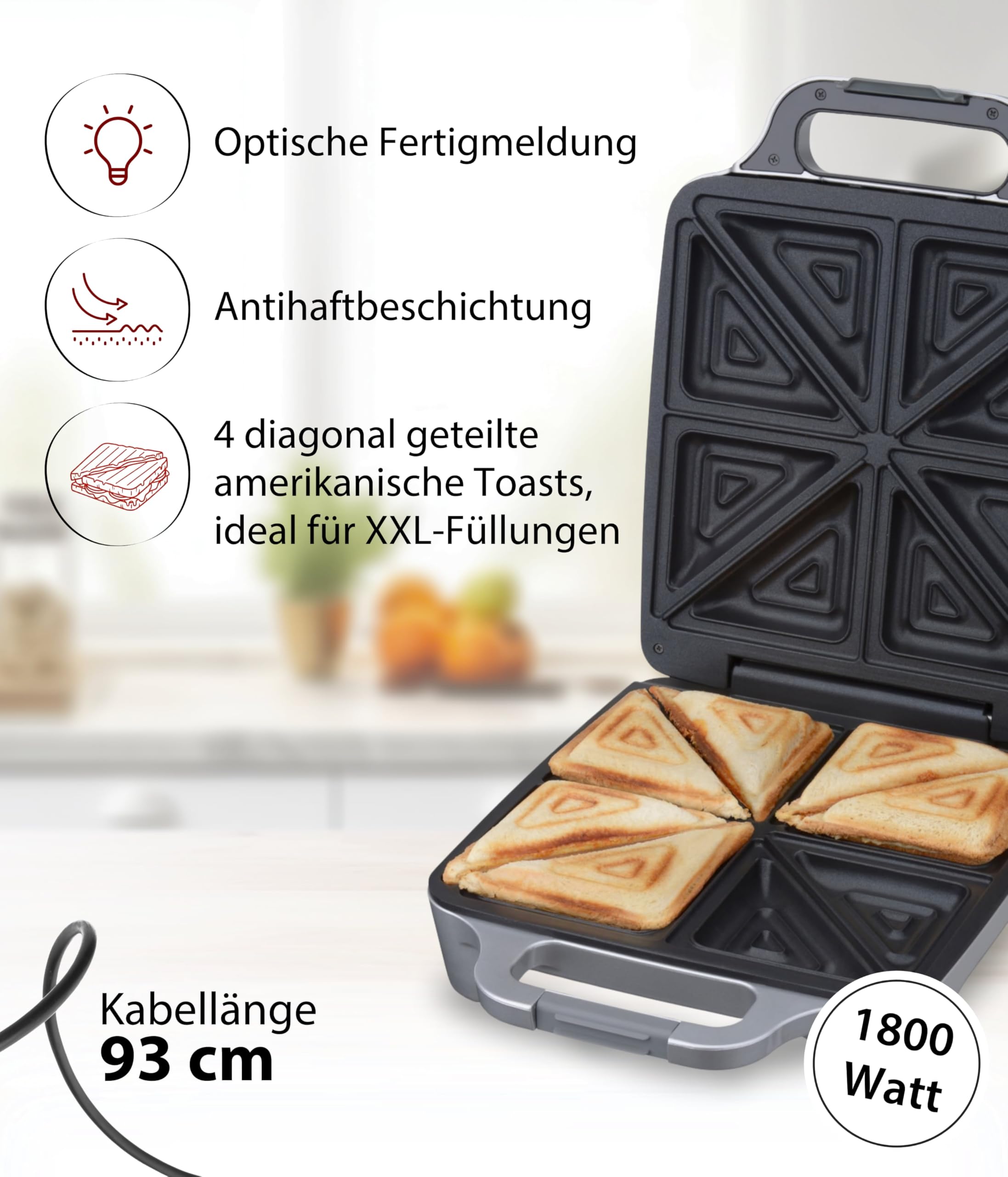Cloer 6269 Sandwichmaker XXL, 1800 W, für 4 Sandwiches, American Toast, XXL-Füllung, optische Fertigmeldung, Silber