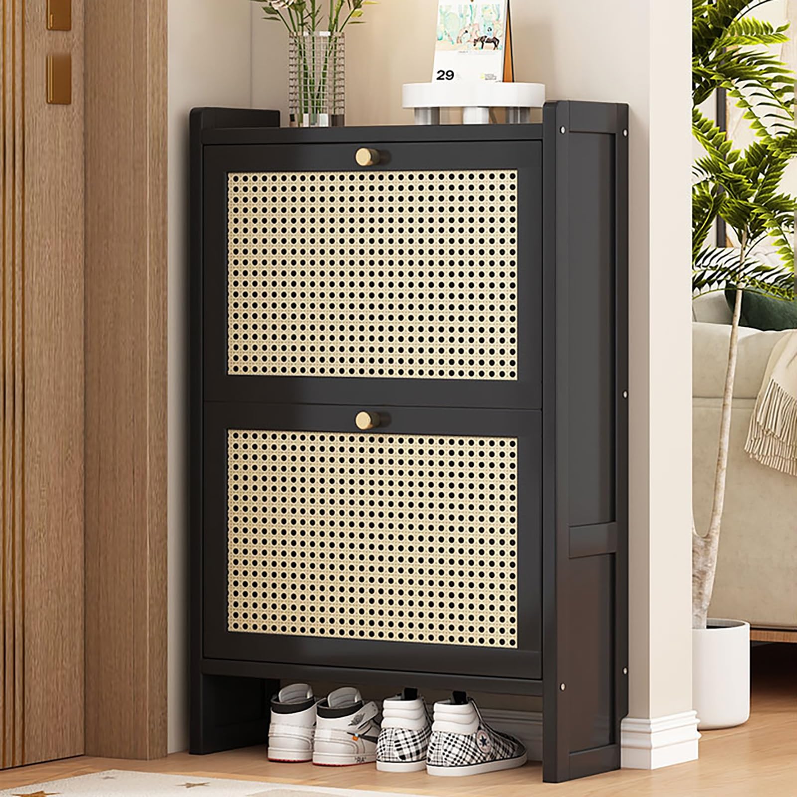 OOCCO Negro Mueble Zapatero Recibidor,Mueble Zapatero,Zapatero Madera,gabinete De Almacenamiento De Ratán, para Tacones Altos, Entradas, Pasillos, Armarios (Size : 50 * 17 * 87cm)