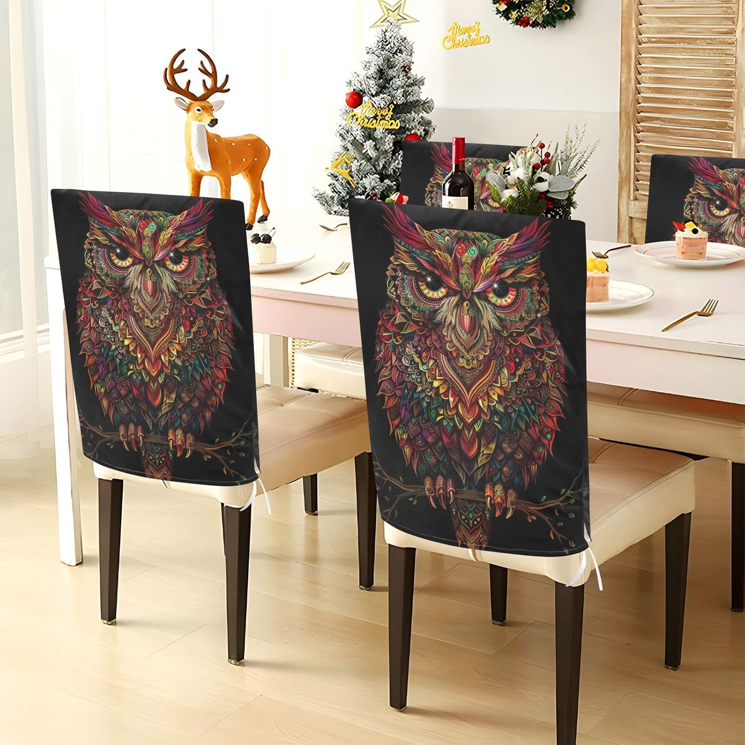 ALAZA Boho Ethnic Owl Chair Back Cover Set of 6, Washable Reusable Removable Chair Slipcovers Decorative Chair Cover for Home Kitchen Wedding Party