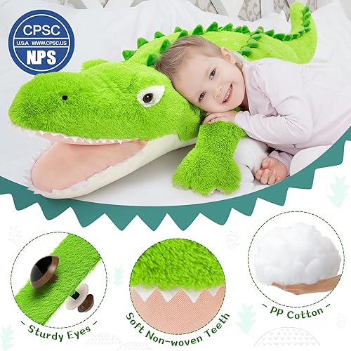 Miniatura 8 de Tezituor Animal de peluche de cocodrilo gigante de 51 pulgadas, almohada corporal de cocodrilo grande de 4 pies, juguete de peluche de cocodrilo de