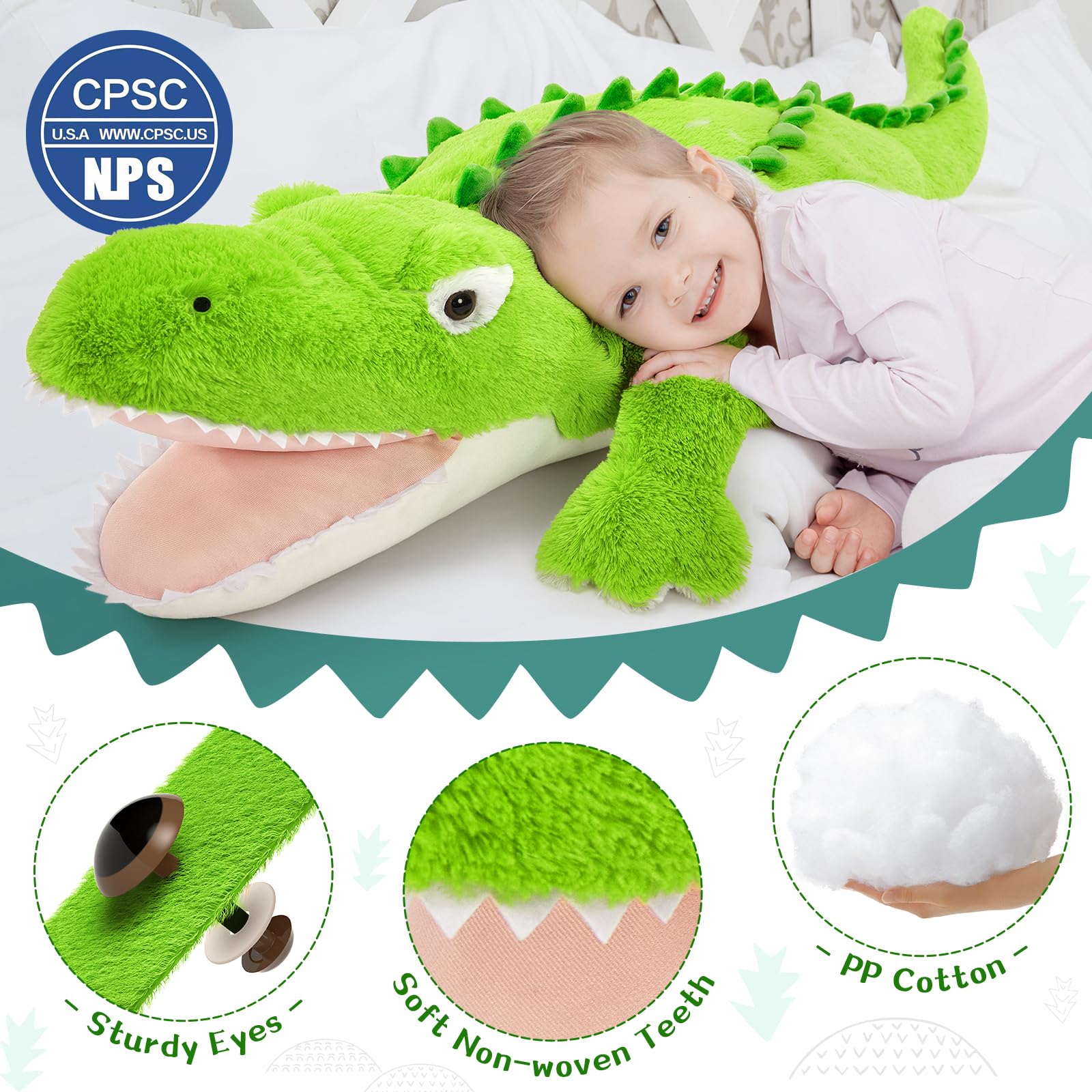 KERTA 51 inch Giant Alligator Stuffed Animal, Hugging 4ft Large Alligator Plush Body Pillow, Soft Stuffed Crocodile Plush Toy Birthday Valentine's Day Gift for Girls Boys 8