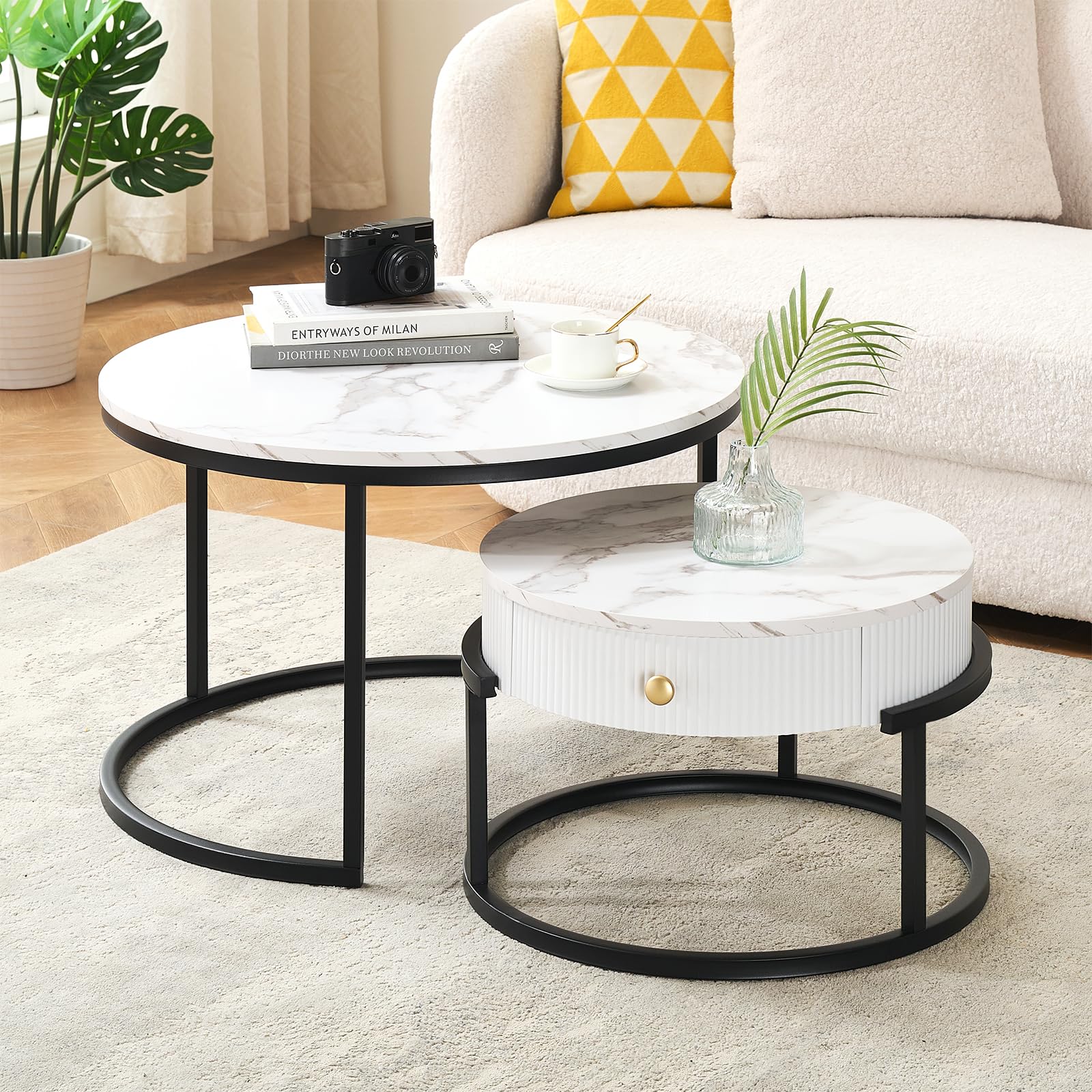 Juego de mesas de centro redondas blancas con estructura negra