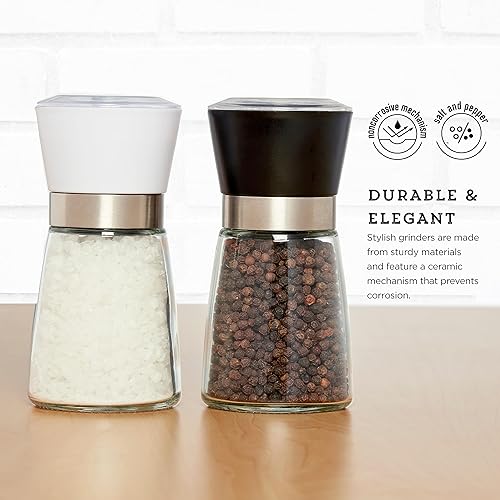 Miniatura 2 de Kamenstein Molinillos de especias de vidrio con mecanismo de cerámica ajustable, juego de 2 molinillos de sal y pimienta precargados para uso en