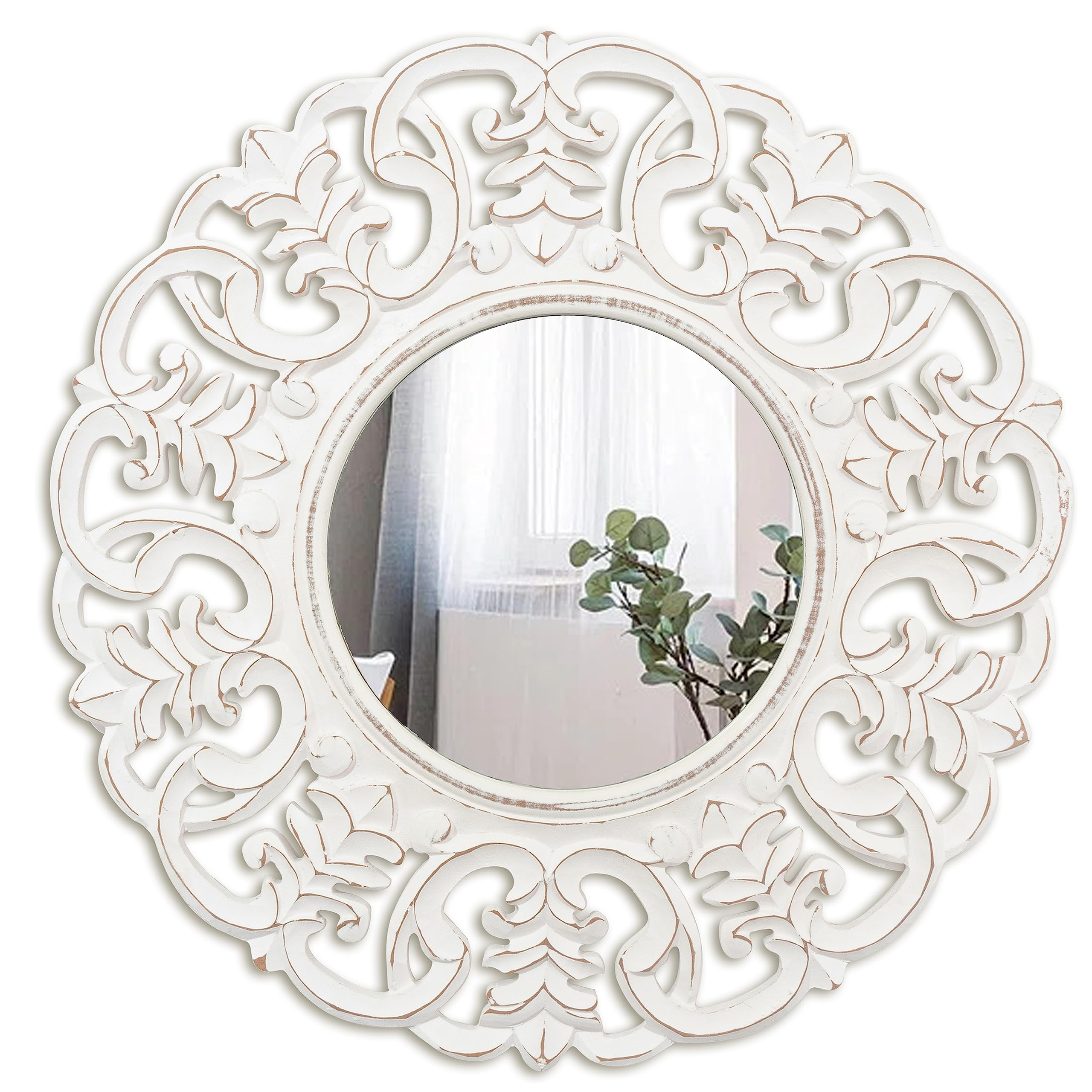 JFY Designs Wall Mirrors Decorative - Augustine 24"x24" | Mirrors for Wall Décor Wooden Frame | Farmhouse & Rustic Design for Living Room, Bedroom, Hallway & Any Space in Your Home - Round/White