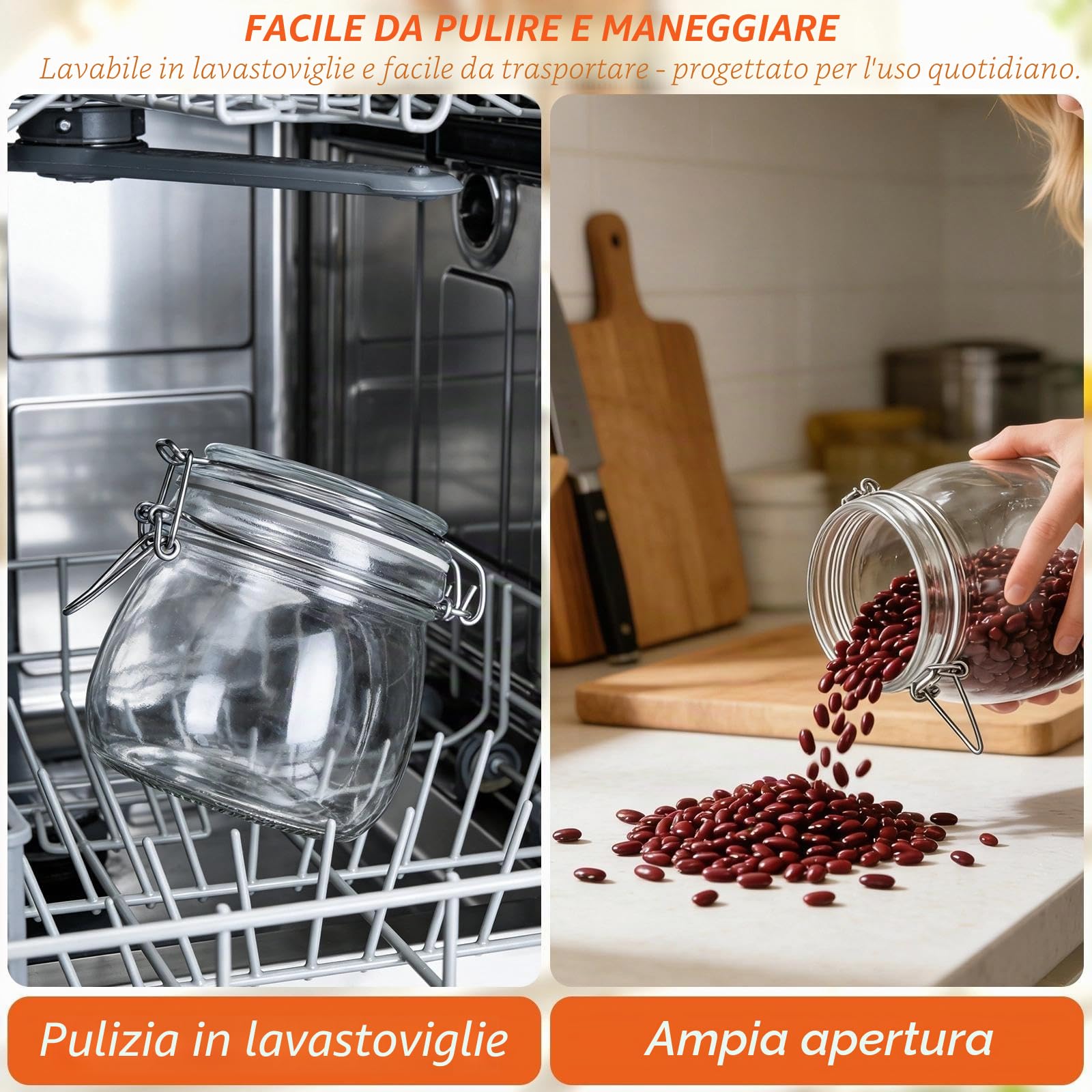 Barattoli VetroVasetti Vetro Ermetici con Clip 6 Pezzi 500ml | Vasetti con chiusura a clip · anello in gomma · ermetici · per marmellata, cereali, caffè e spezie