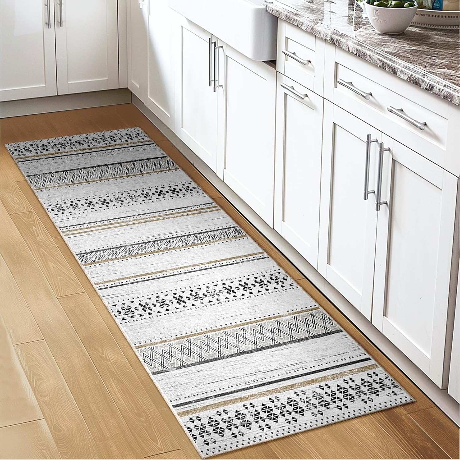 BESTSWEETIE 2x6 Area Rugs for Living Room Washable Moroccan Farmhouse Neutral Geometric Low Pile Non-Slip Soft Print Pattern Rug for Bedroom Kitchen Dining Room Entryway Black/Brown
