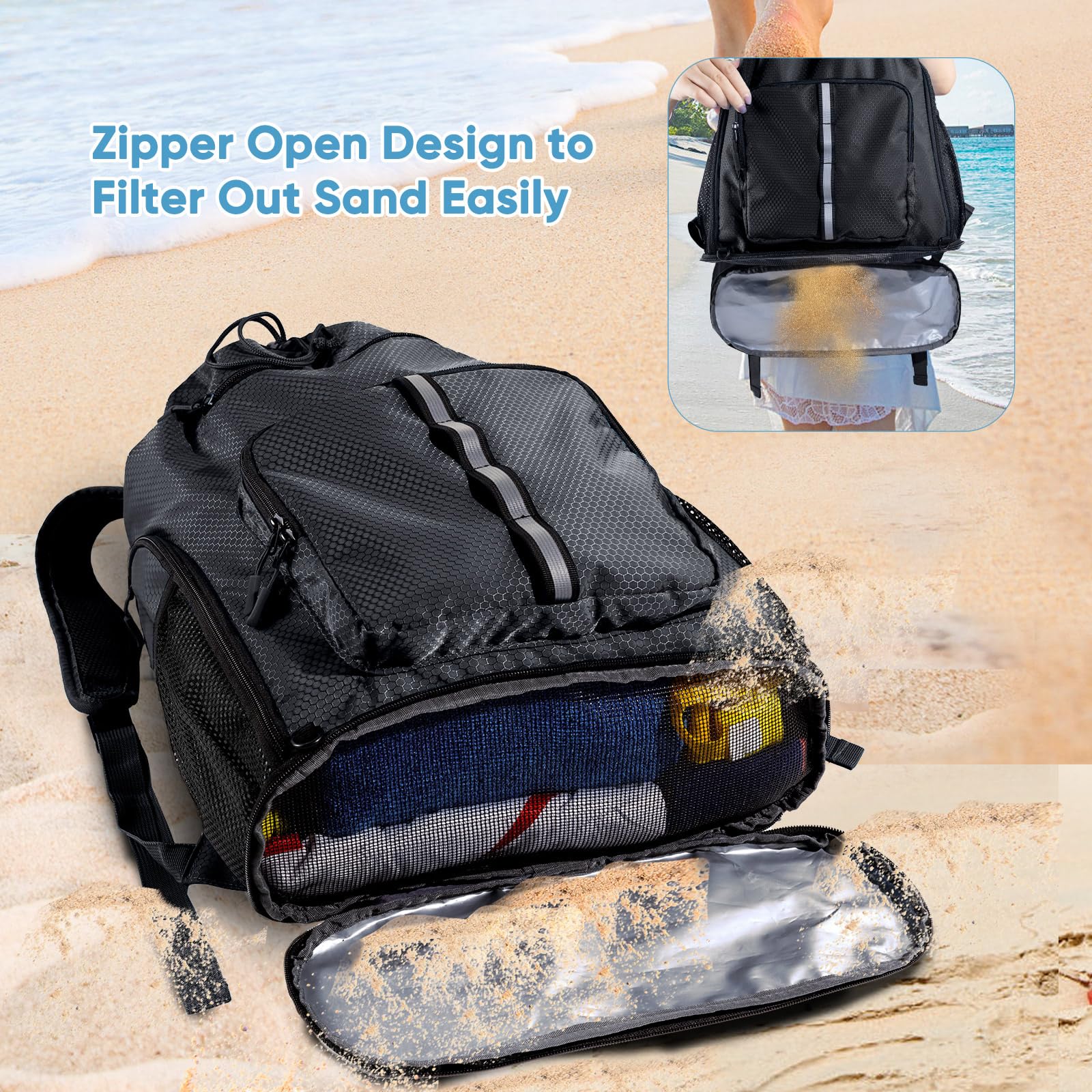 Mochila de playa grande impermeable a prueba de arena, bolsa de piscina con cordón de gran tamaño con compartimento para zapatos para artículos de tocador, toalla