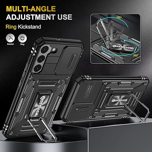 Miniatura 2 de ZenRich Funda resistente para Samsung Galaxy S22 con cubierta deslizante para cámara y soporte, funda protectora de doble capa de grado militar