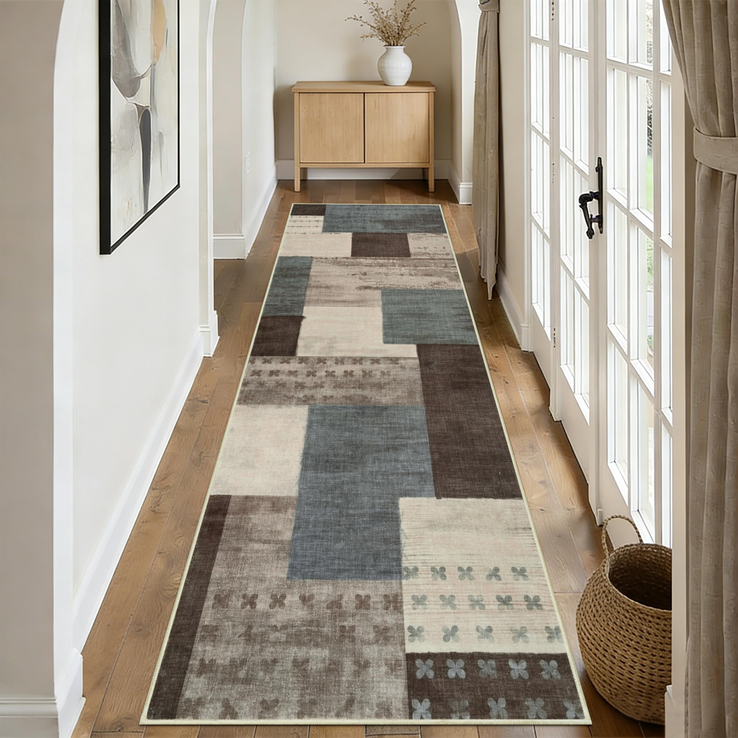 Edlbaegy Modern Runner Rug Non-slip 80x300cm Carpet Runners for Hallways Long Washable Kitchen Rug Low Pile Floor Carpet for Entrance Laundry Bedroom(Blue-Taupe)