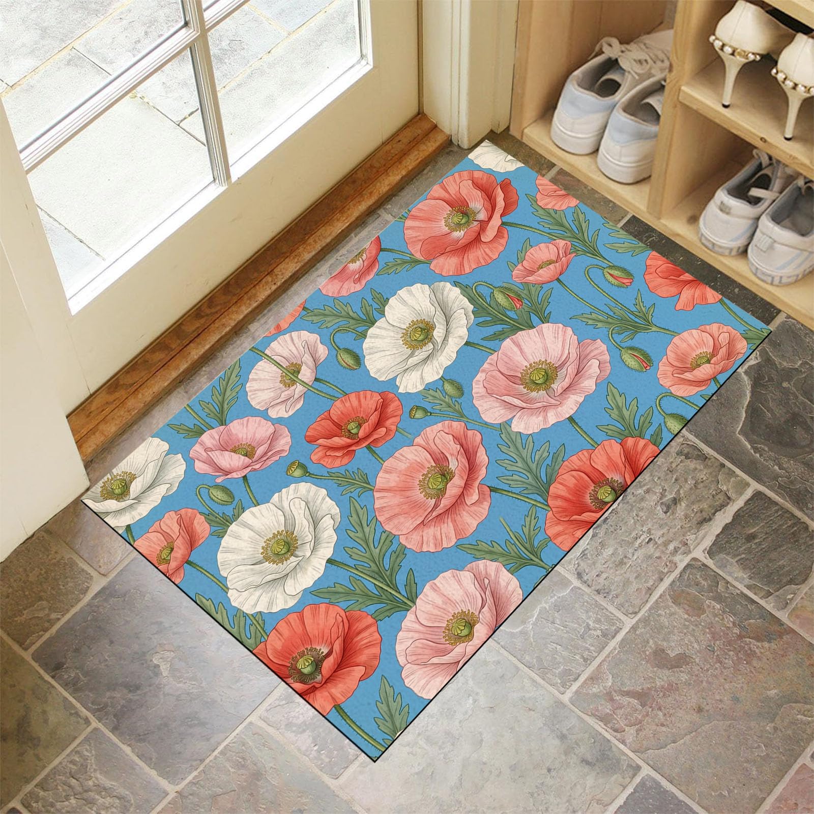 Felpudo Ultrafino para Interiores, 90X150Cm, Flor De Amapola Japonesa Alfombra Antideslizante Lavable para Entrada, Plantas Naturales Frescas Felpudo De Perfil Bajo, Atrapa Suciedad, Azul