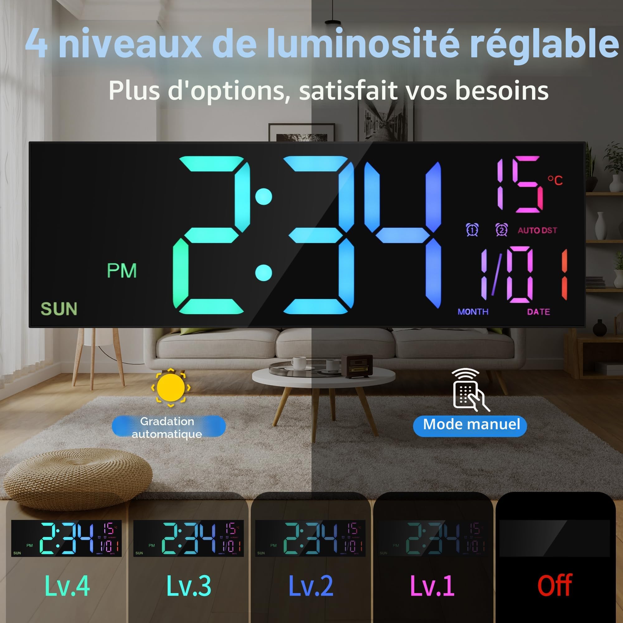 HAITANG Grande Horloge Murale Numérique 16" RVB LED Double Alarme Télécommande Température