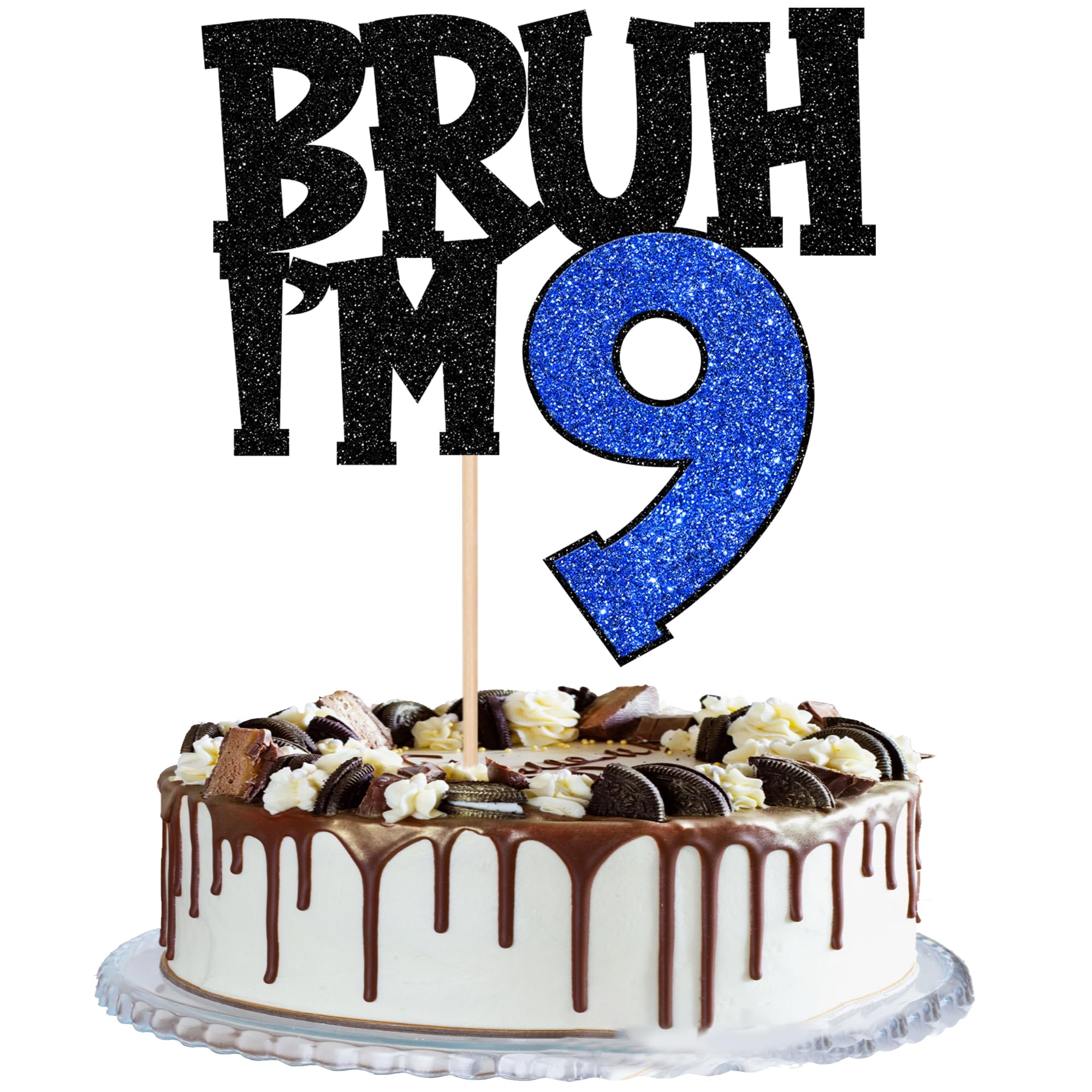 1 Stück BRUH I'm 9 Tortendeko Glitzer BRUH I'm 9 Cake Topper It's My 9th Geburtstag Kuchen Deko für Prost auf 9 Jahre Kinder 9th Geburtstag Party Kuchen Dekoration Schwarz Blau