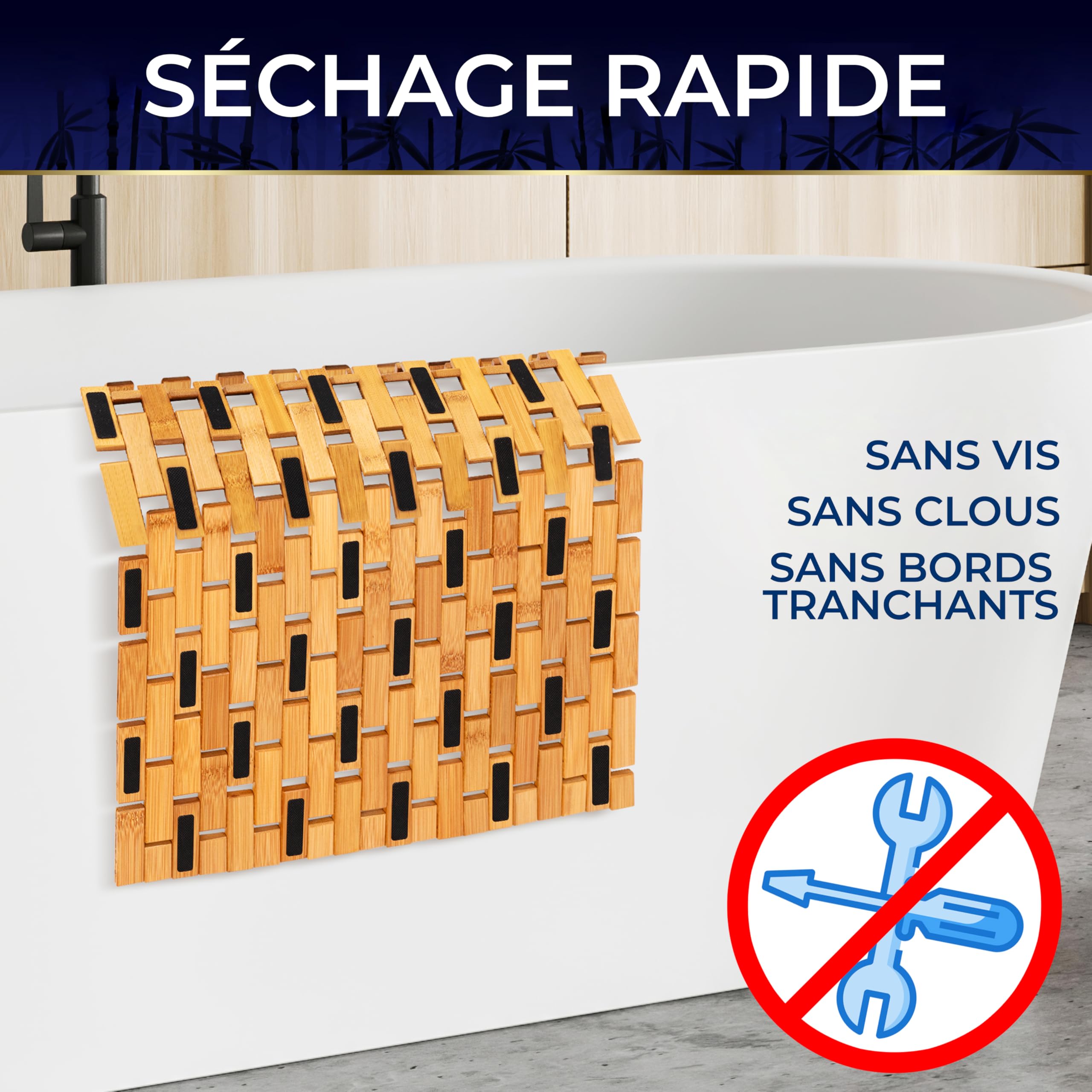 SereneLife Tapis de Bain et de Douche en Bambou Naturel – Tapis de Sol Antidérapant à Lattes avec Finition Naturelle, Surface à Grips Renforcés, Enroulable et Facile à Nettoyer