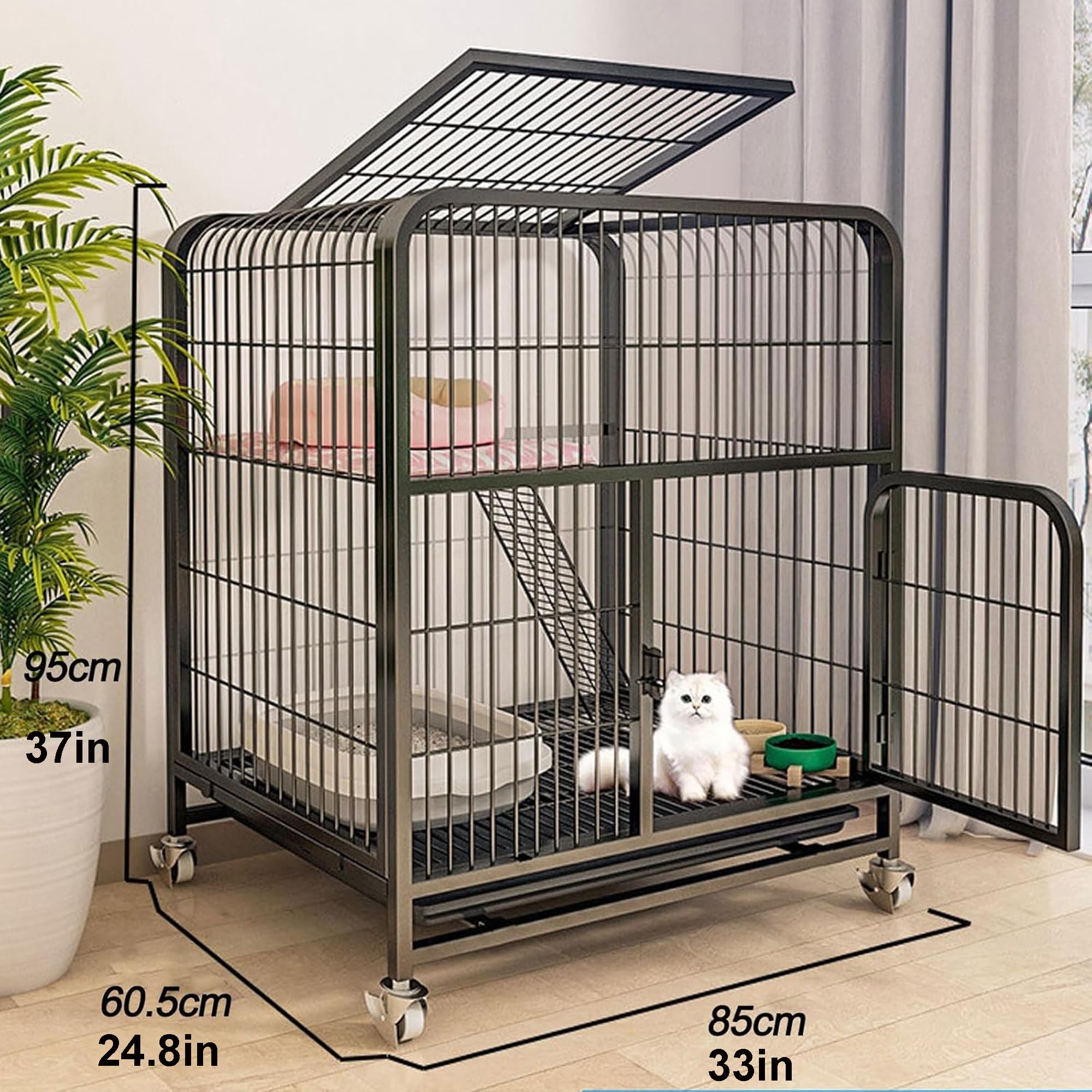 Gabbia per Gatti in Metallo, recinto per Uso Interno ed Esterno, con Ruote universali, scaletta e Amaca, Ideale per 1-2 Gatti, Conigli, furetti e Piccoli Animali.