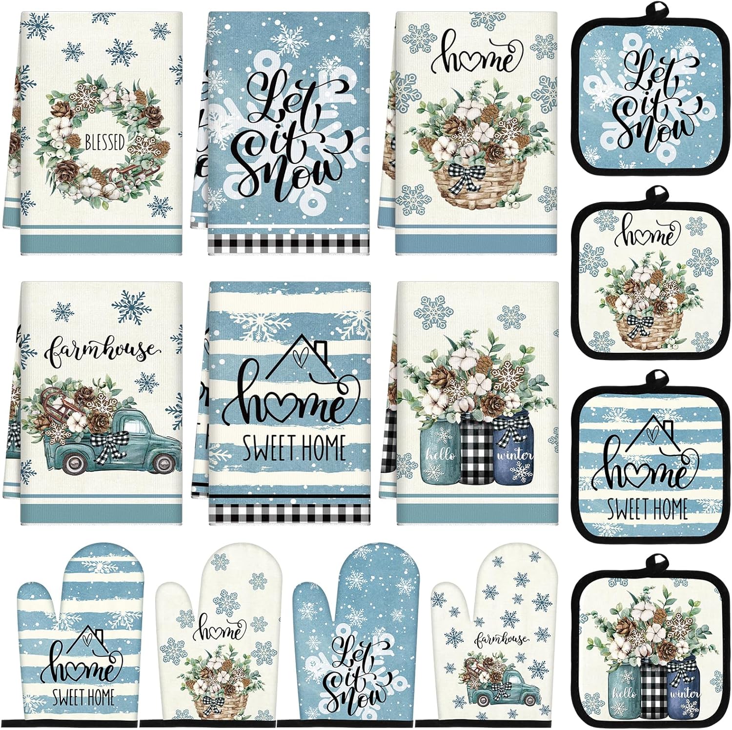 Pickmesh 12 Pcs Christmas Kitchen Towels and Oven Mitt Sets 4 Buffalo Oven Mitts 4 Snowman Dish Towels and 4 Plaid Pot Holders Xmas Tree Cooking Accessories for Winter Holiday Decoration Home Baking