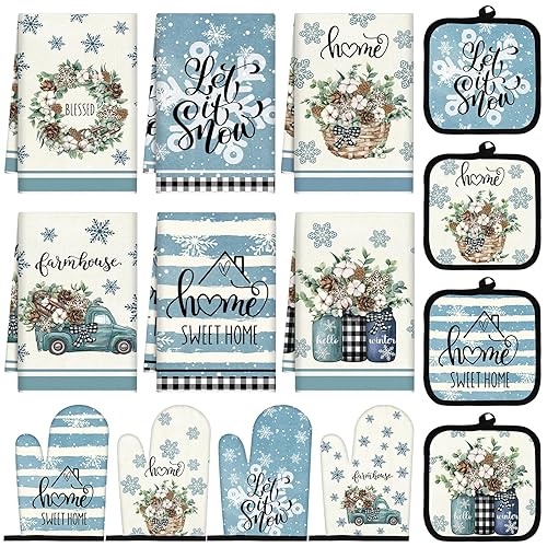 12 Pcs Christmas Winter Kitchen Towels and Oven Mitt Sets