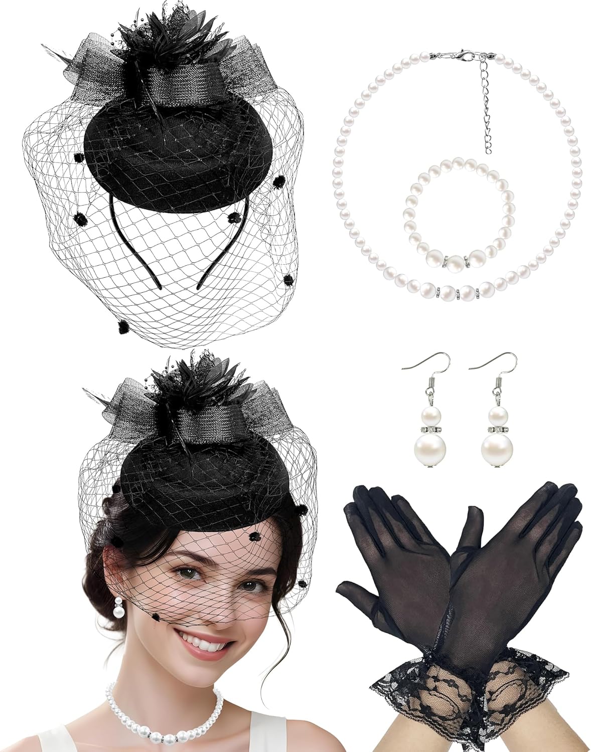 1920s Vintage Fascinators Hats Pillbox Hat Lace Gloves for Women Tea Party Wedding