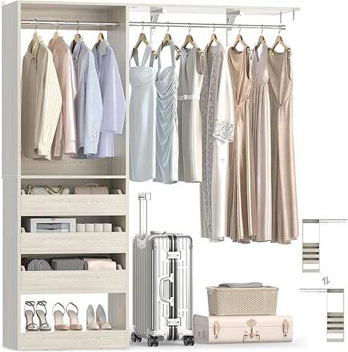 Miniatura 8 de Sistema de armario colgante con 2 cestas de lavandería, sistema organizador de armario de madera con torres y varillas para colgar, se adapta a