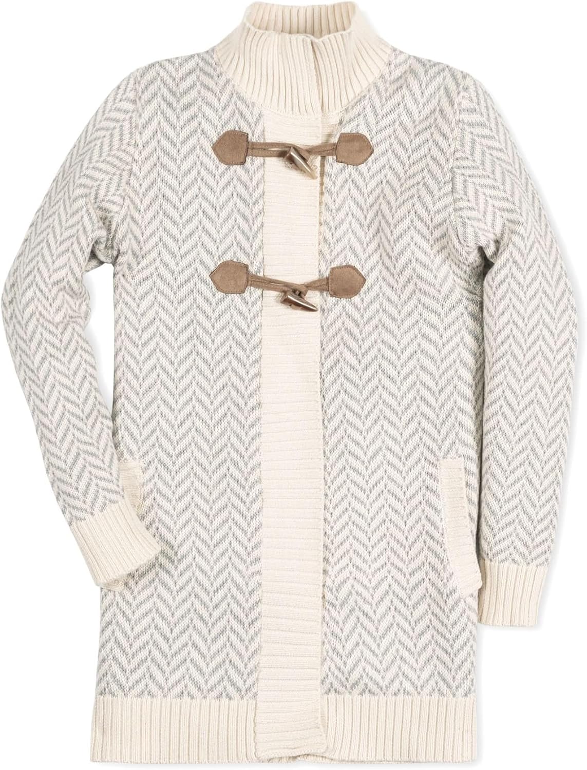 Hope & Henry Girls' Organic Long Sleeve Toggle Sweater Coat with Zipper, Small, Gray Herringbone