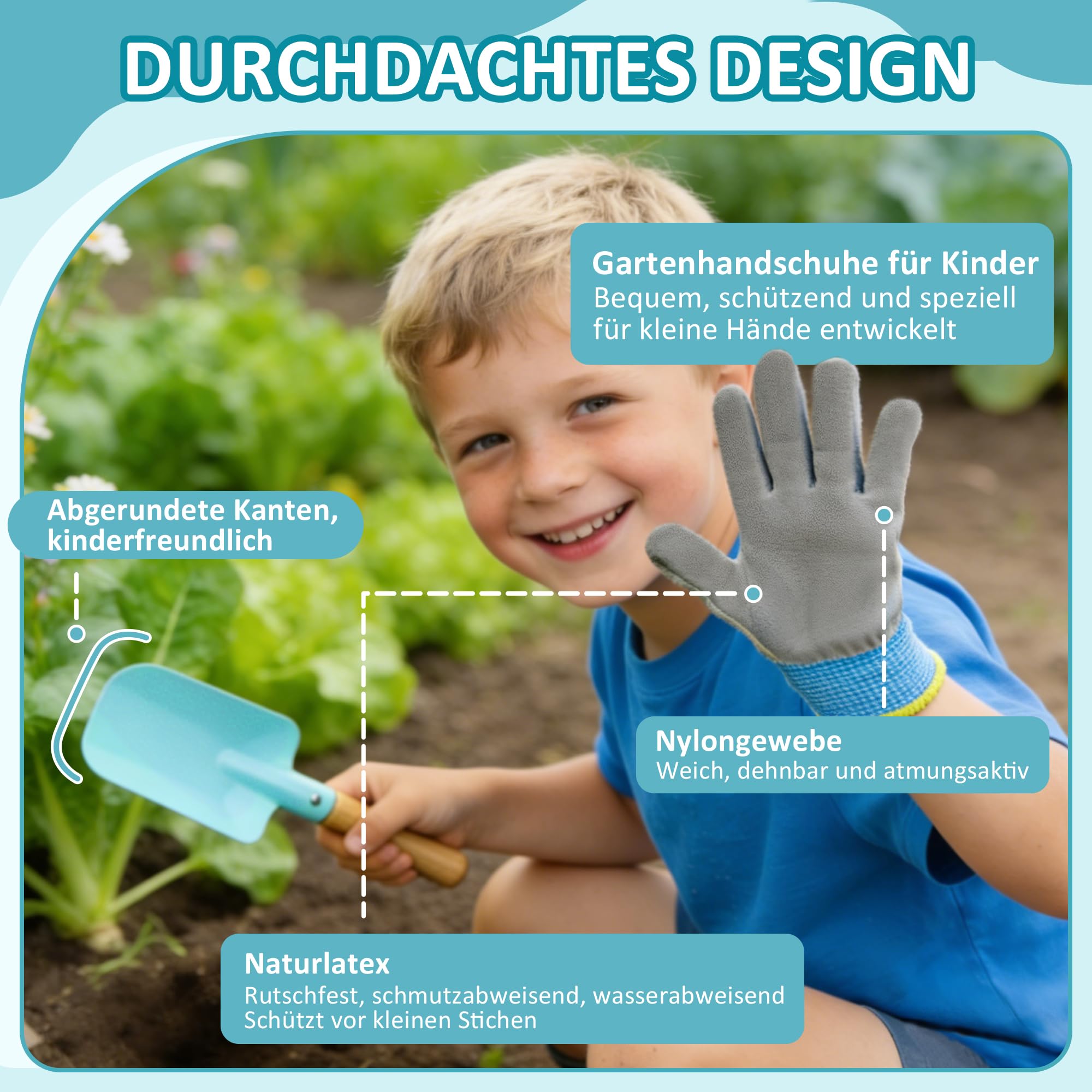 cossy Gartenset für Kinder, 13-teilige Gartenwerkzeug Set, Gartengeräte für Kinder Kleinkinder Jungen & Mädchen, Inklusive Tragetasche, Gießkanne, Schaufeln, Rechen, Gartenhandschuhe, Schürze, Blau