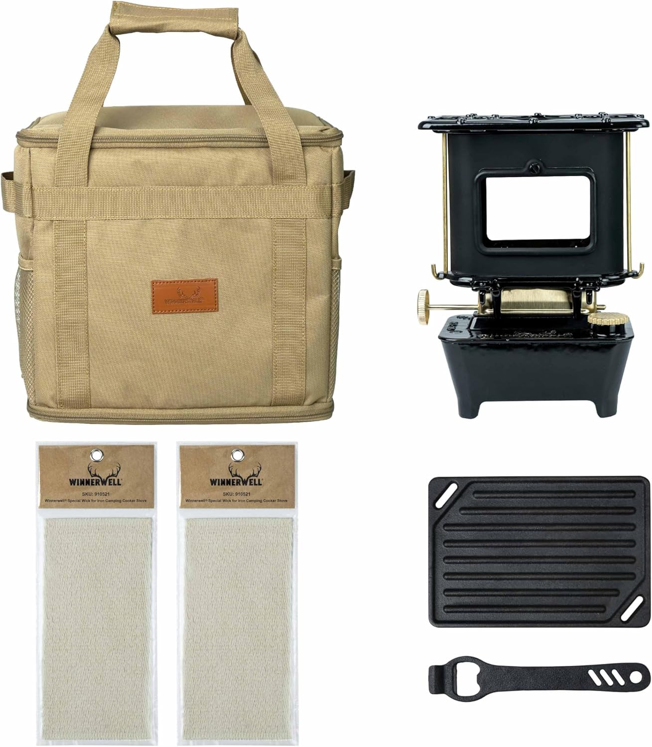 Winnerwell Iron Camping Cooker Stove Package – Cast Iron Portable Stove with Grill Plate, Carry Bag & Wicks – Kerosene/Paraffin Oil Burner for Outdoor Cooking, Bushcraft, Camping