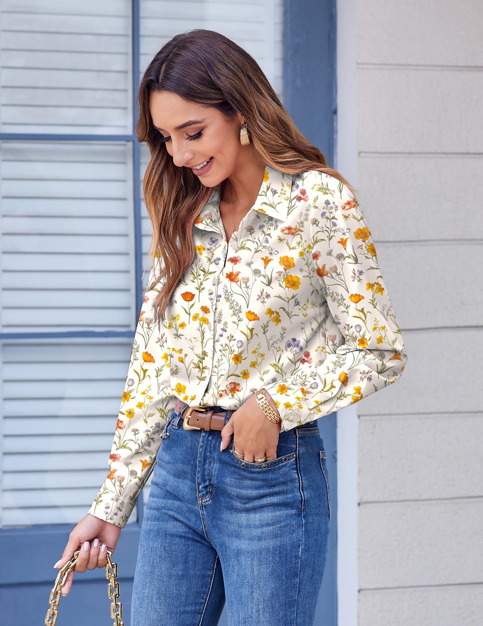 Zeagoo Blusa elegante para mujer, multicolor, manga larga, con botones, para primavera, verano, bussiness blusa, básica, sin planchado, parte superior