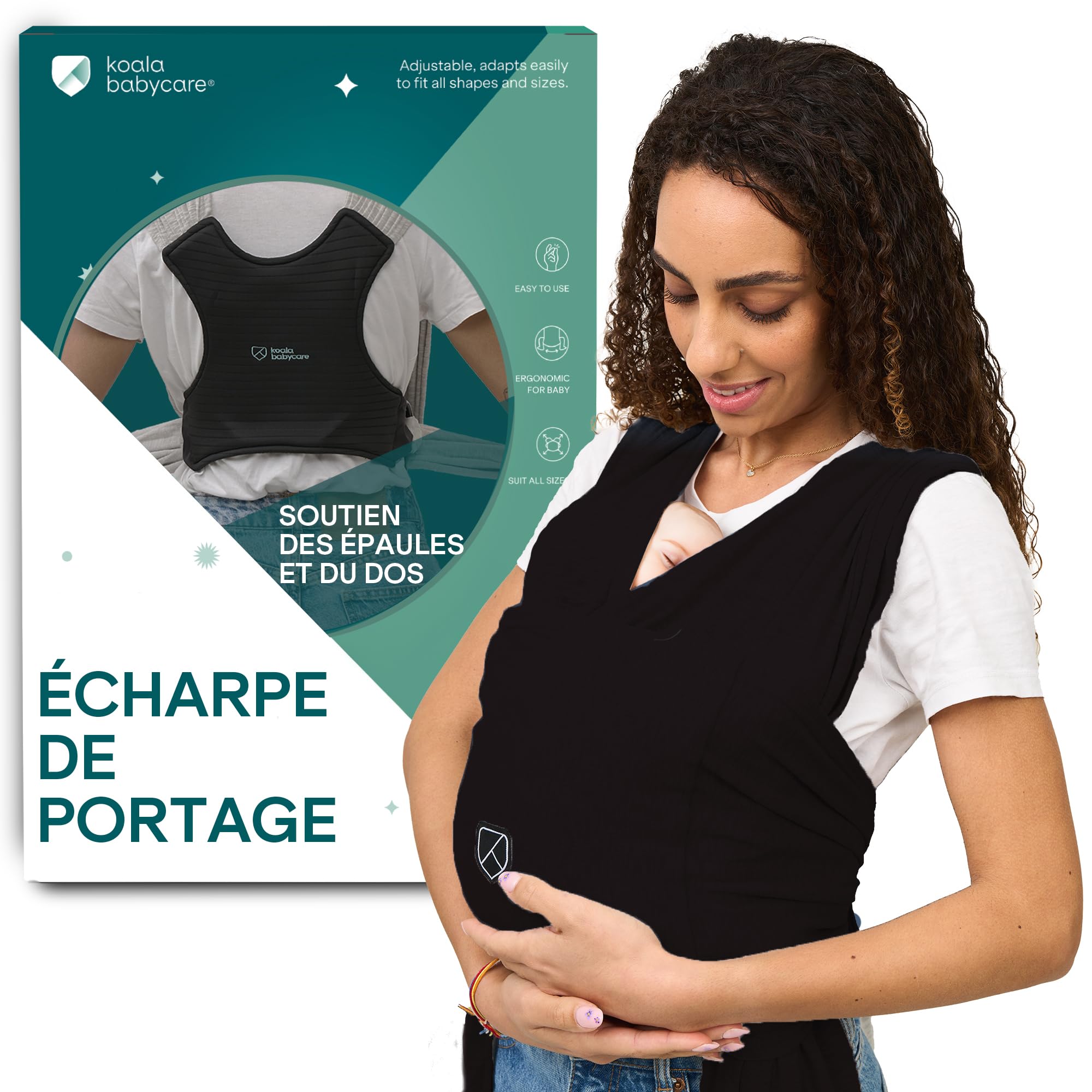 Koala Babycare Une écharpe de portage facile à enfiler, réglable, unisex - Porte-bébé multifonctionnel pour jusqu’à 9 kg - Noir - Design Enregistré KBC®