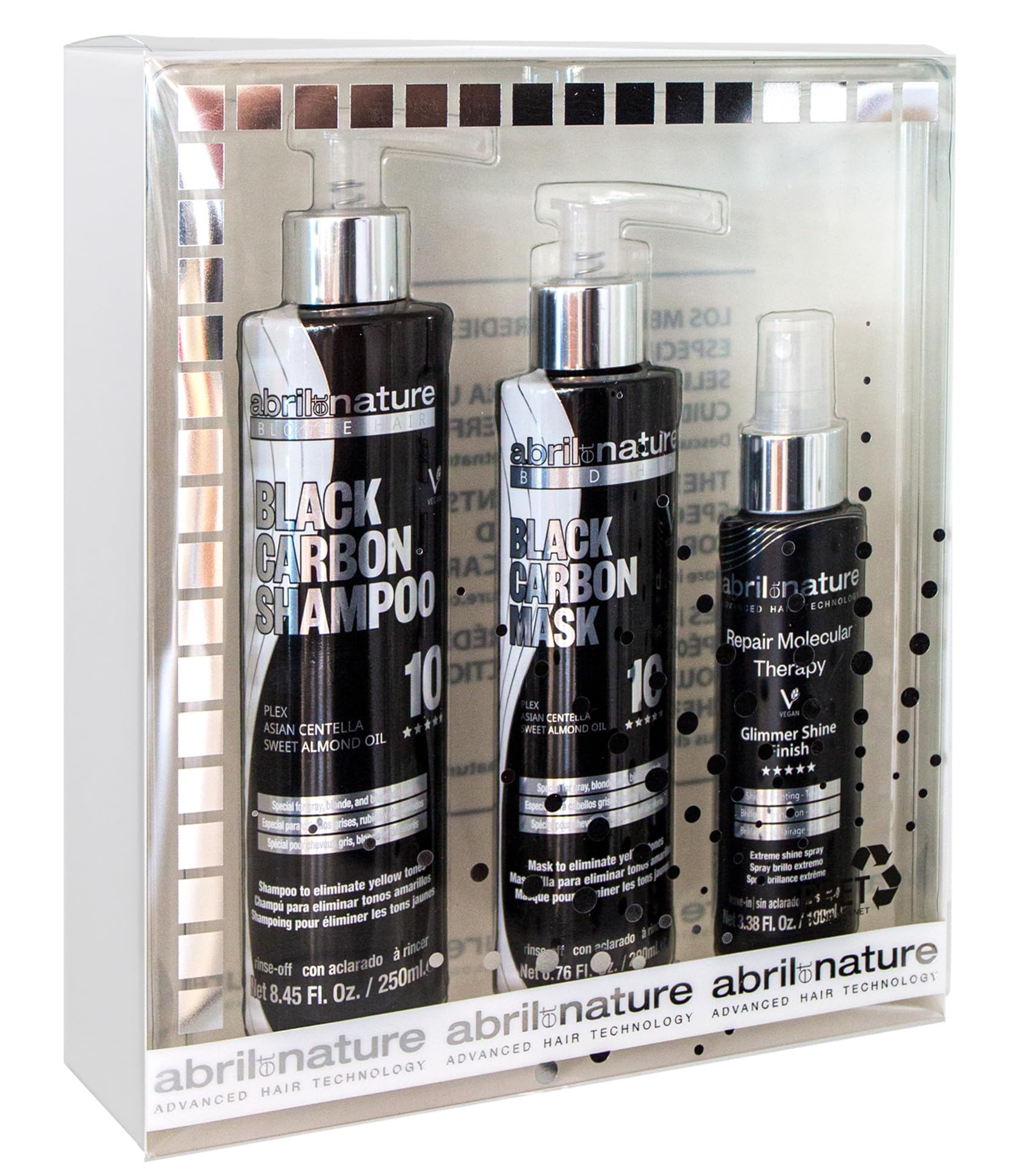 abril et nature - Set Cuidado Capilar Profesional Black Carbon - Matiza tonos no deseados - Nutre y repara - Pack Champú, Mascarilla y Spray - Hidratación Intensa - Ideal Rubios y Platinos - 550ml
