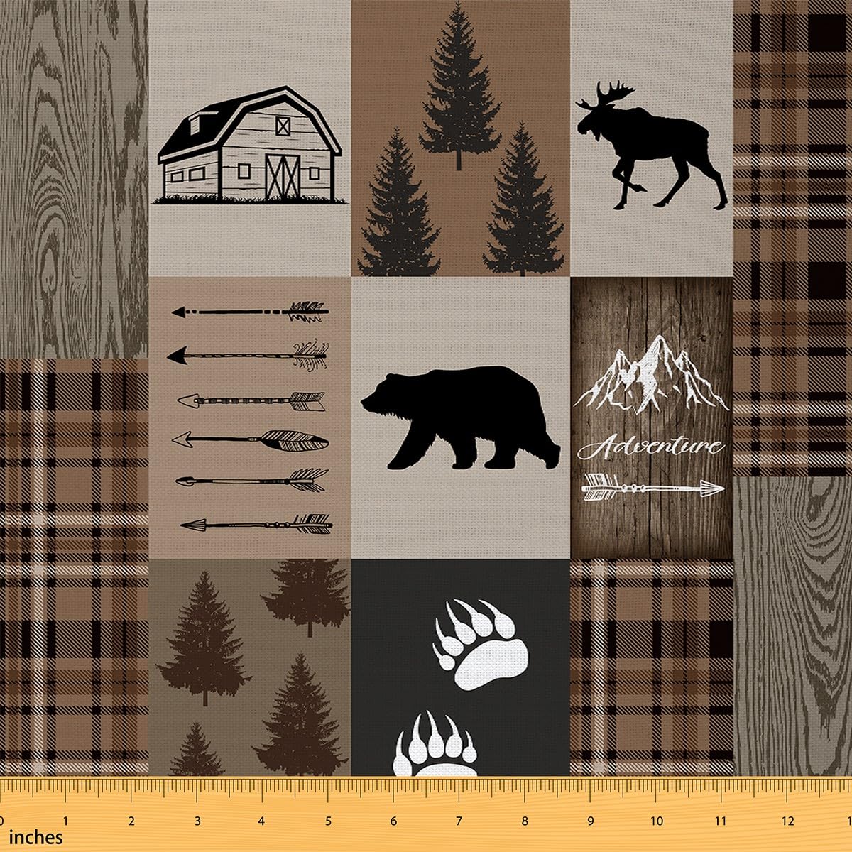 Wildlife Deer Bear Fabric by The Yard,Jungle Hunting Theme Material by The Yard for Chairs,Outdoor Arrow Cabin for Quilting,Splicing Checkers Sewing Fabric,5 Yards