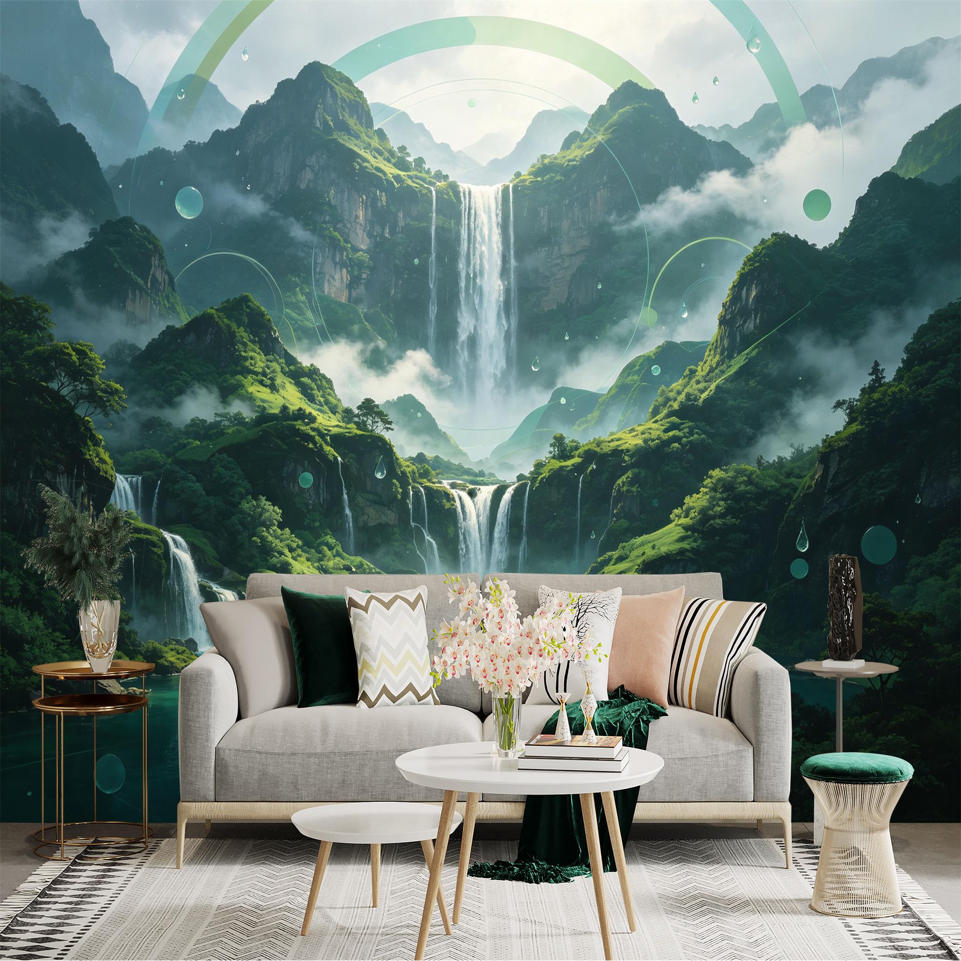 Custom Size Wall Sticker Mural， Majestic Waterfall and Misty Mountains， Serene Lake Landscape， Natural Green Forest Scenery， for wall Decoration， peelandstick wall Decals.