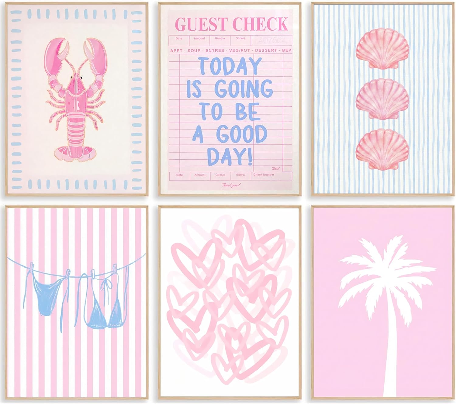 6pcs Preppy Beach Pink Blue Canvas Wall Art Coastal Fashion Bikini Shell Painting Picture Wall Decor Summer Seaside Theme Poster Print Artwork for Teen Girl Bedroom Dorm Gift granddaughter
