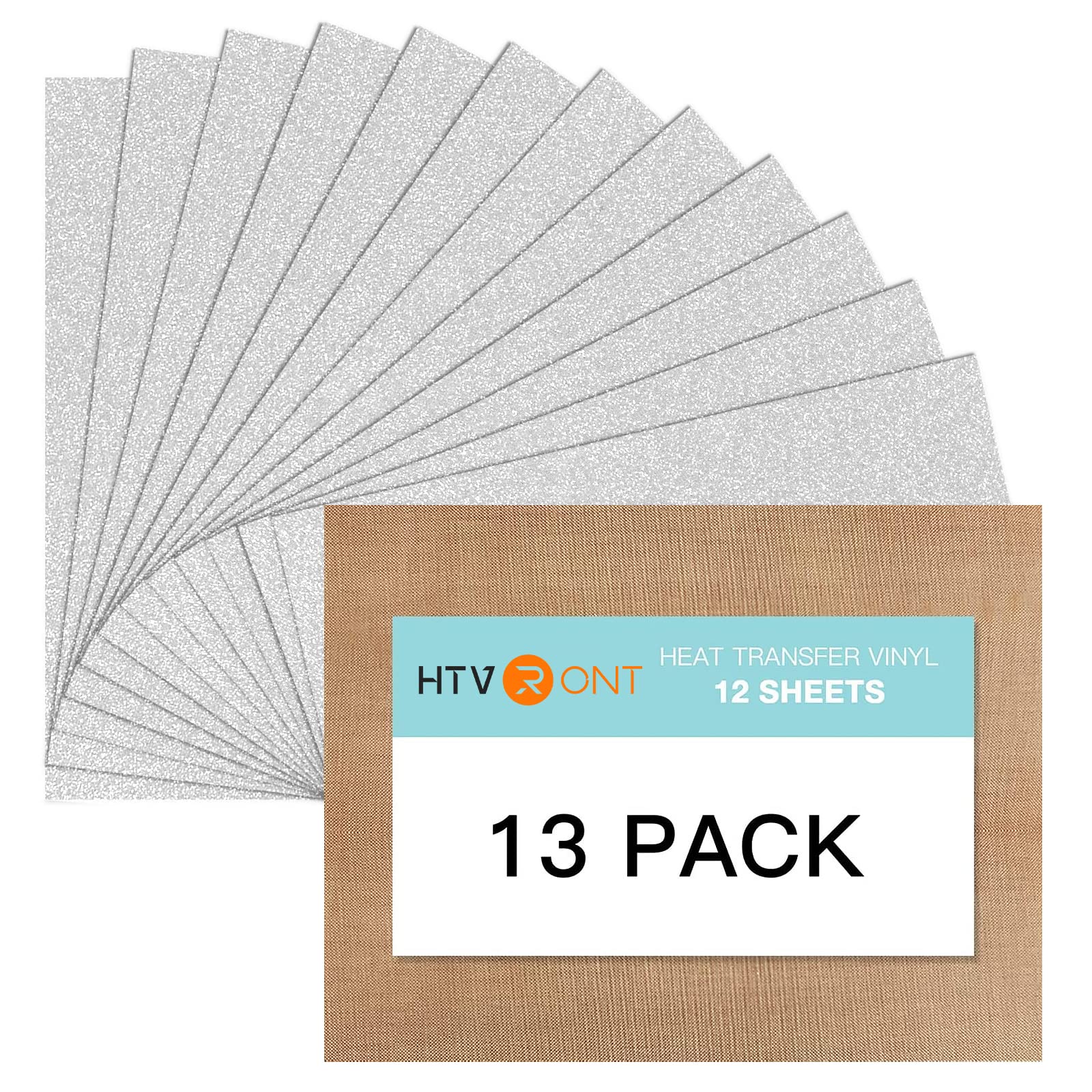 HTVRONT Silver Glitter HTV Heat Transfer Vinyl Bundle: 13 Pack 12" x 10" Silver Glitter Iron on Vinyl for T-Shirt, Silver Glitter Heat Transfer Vinyl for Cricut, Silhouette Cameo or Heat Press Machine