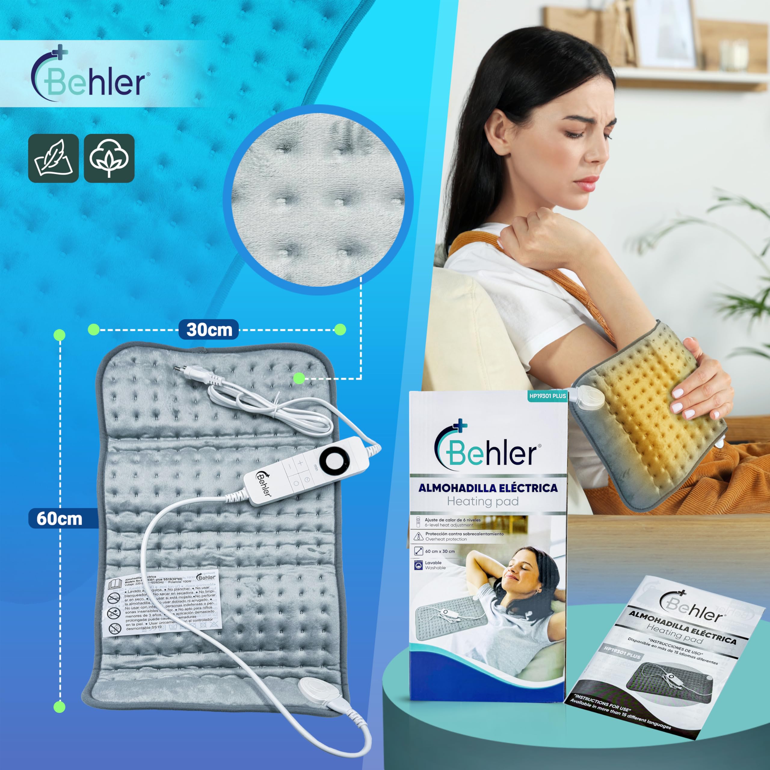 manta electrica Lumbar - Gris - Almohadilla eléctrica 60x30 Centímetros - 6 Niveles de calor - Manta termica - Apagado automático - Manta electrica - Almohadilla térmica para espalda, cuello y abdomen