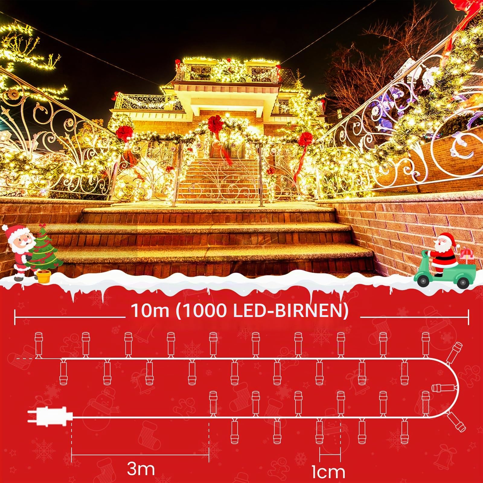 1000 LED Cluster Lichterkette Warmweiß, Büschellichterkette Außen mit Stecker Innen Strom 8 Modi, 10m Wasserdichte Weihnachtsbeleuchtung mit Memoryfunktion für Weihnachten Party Garten Balkon