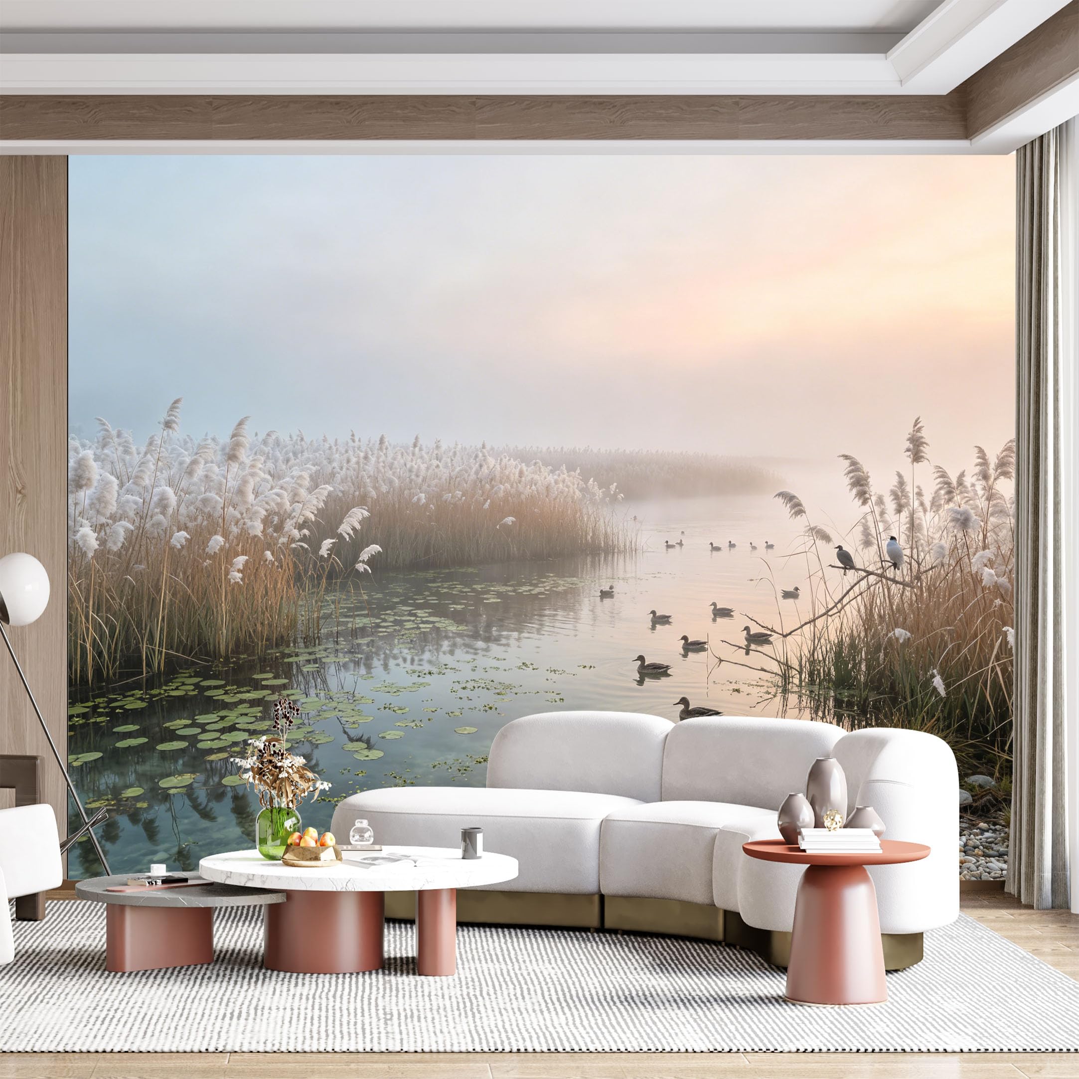 Custom Size Wall Mural Misty Lake Reeds Ducks Coastal Landscape Oil Painting SelfAdhesive Wall Fabric Removable for Home Office Decor