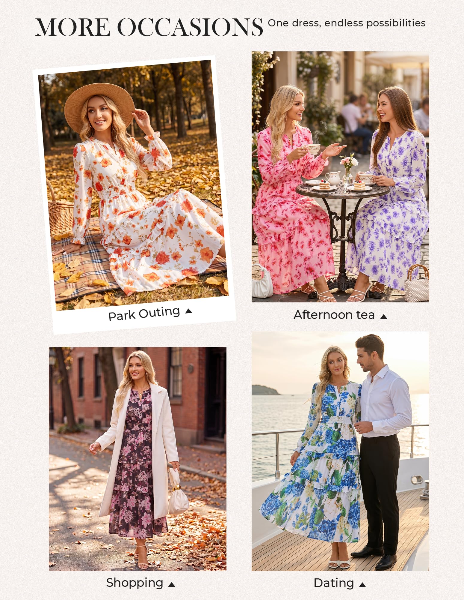 GRACE KARIN Kleid Hochzeitsgast Damen Chiffon A-Linie Blumen Kleid Damen | Mit Tasches|Maxi|A-Linie|Langarm|Henley V-Ausschnitt|Herbstkleid|Gefüttert|Leichtes