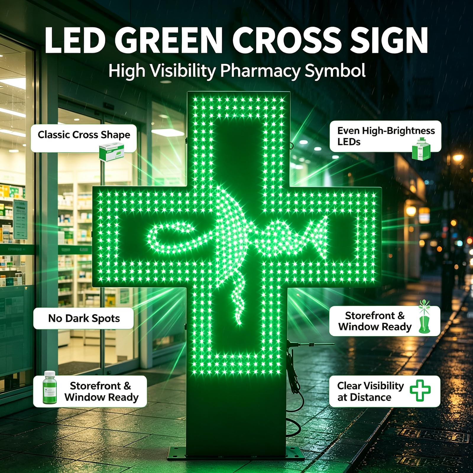 Cartellonistica Medica A LED, 4 modalità di Illuminazione, 8 Livelli di Luminosità, Materiale Impermeabile, Insegna al Neon A LED A Croce per Farmacia con Telecomando, Forte Effetto Visivo