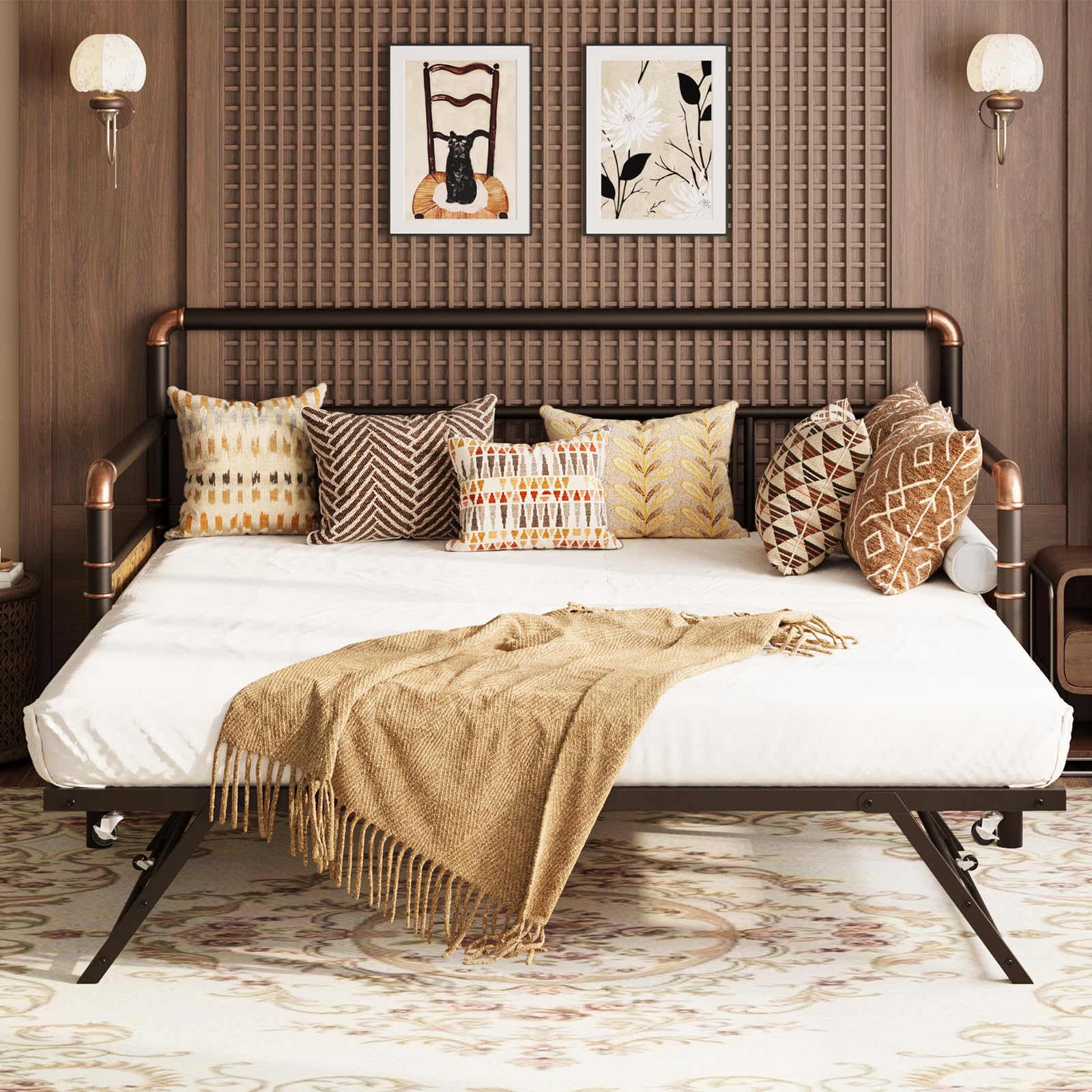 View 1 of !!!!@BENT BROKEN !!USED!!GarveeHome Daybed with Trundle, Twin Daybed with Pop Up Trundle Set, Metal Twin Bed Frame with Steel Slat Support, Sofa BedFrame for Kids/Teens/Adults, Easy Assembly, Brown
