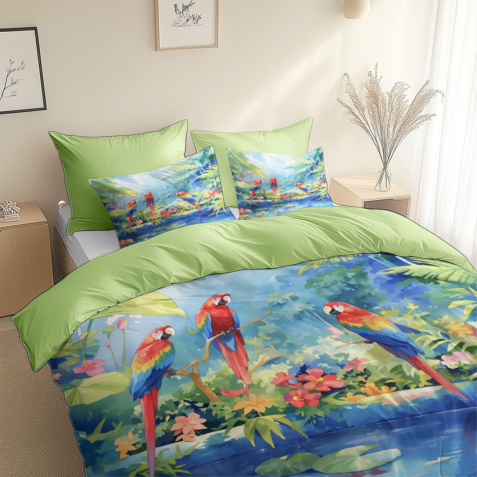 Green Duvet Cover Toddler Natural Scenery Parrot 3 Pieces Bedding Set 40