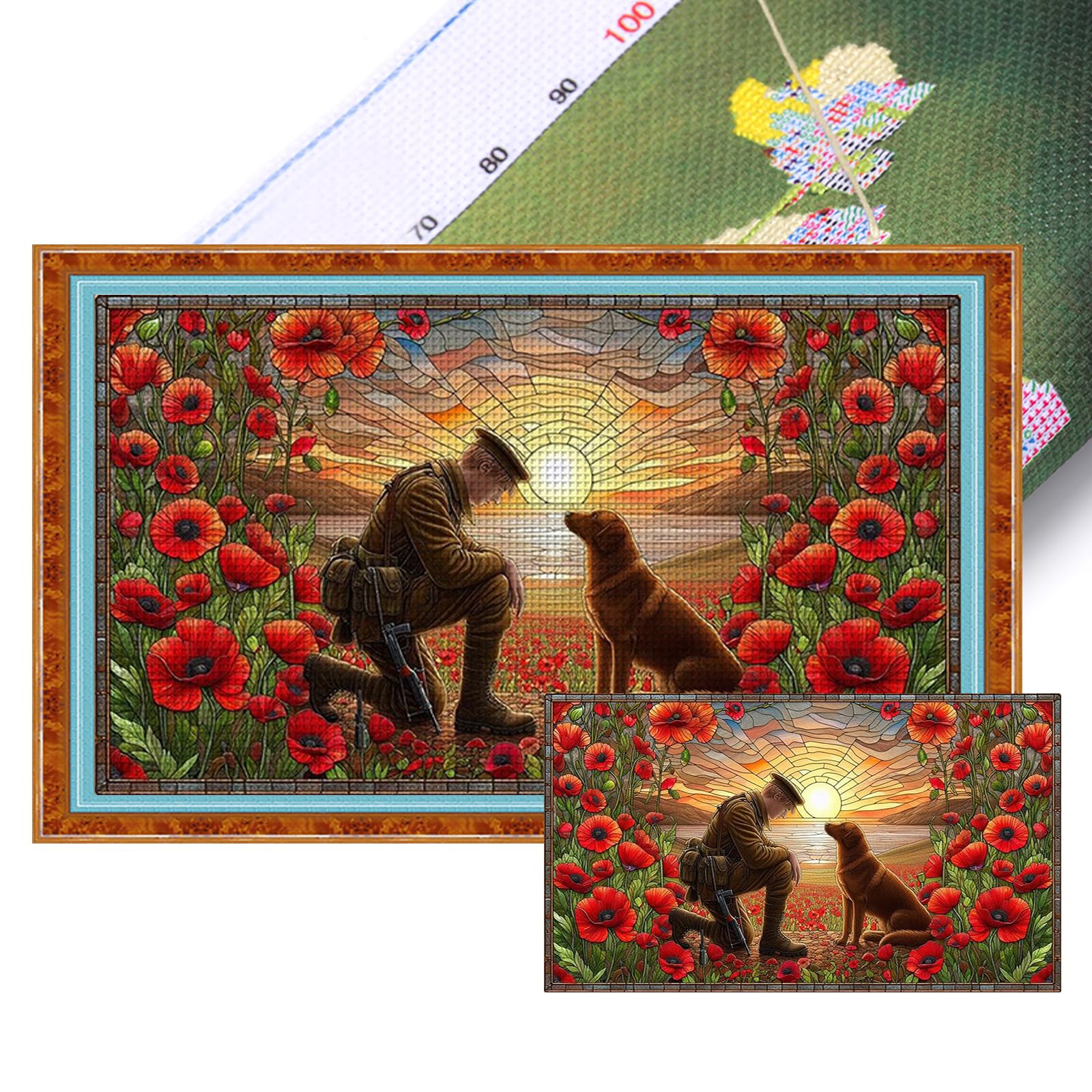 11CT 3 Strands Stamped Cross Stitch Kits for Adults Beginners, Poppies and Soldiers Art - Ideal DIY Embroidery Wall Decor for Remembrance Day and Home 16x28inch