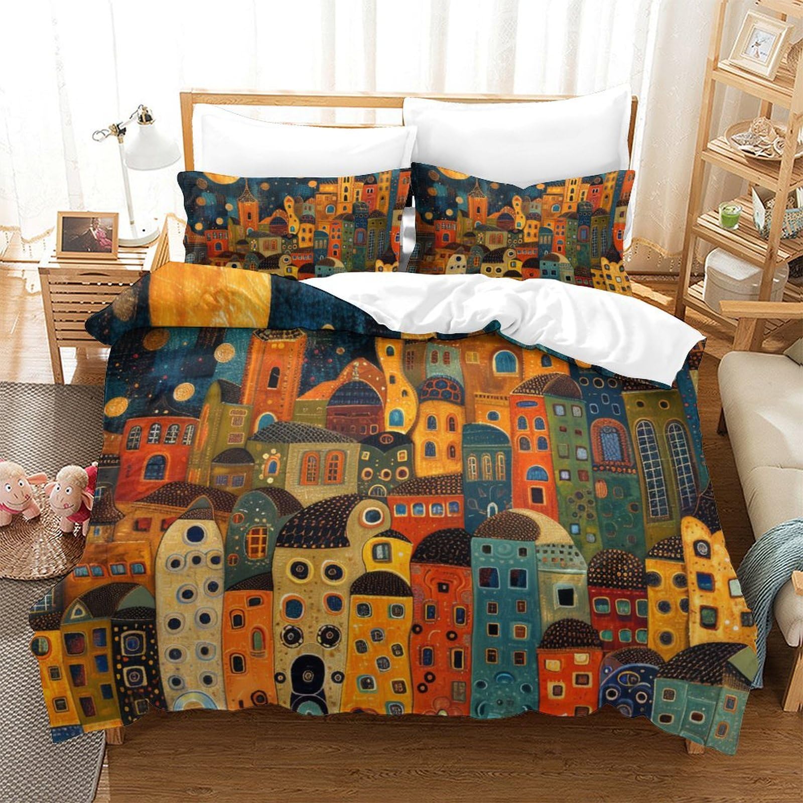 Housse de couette 260x220 avec fermeture éclair microfibre imprimé ville 3D