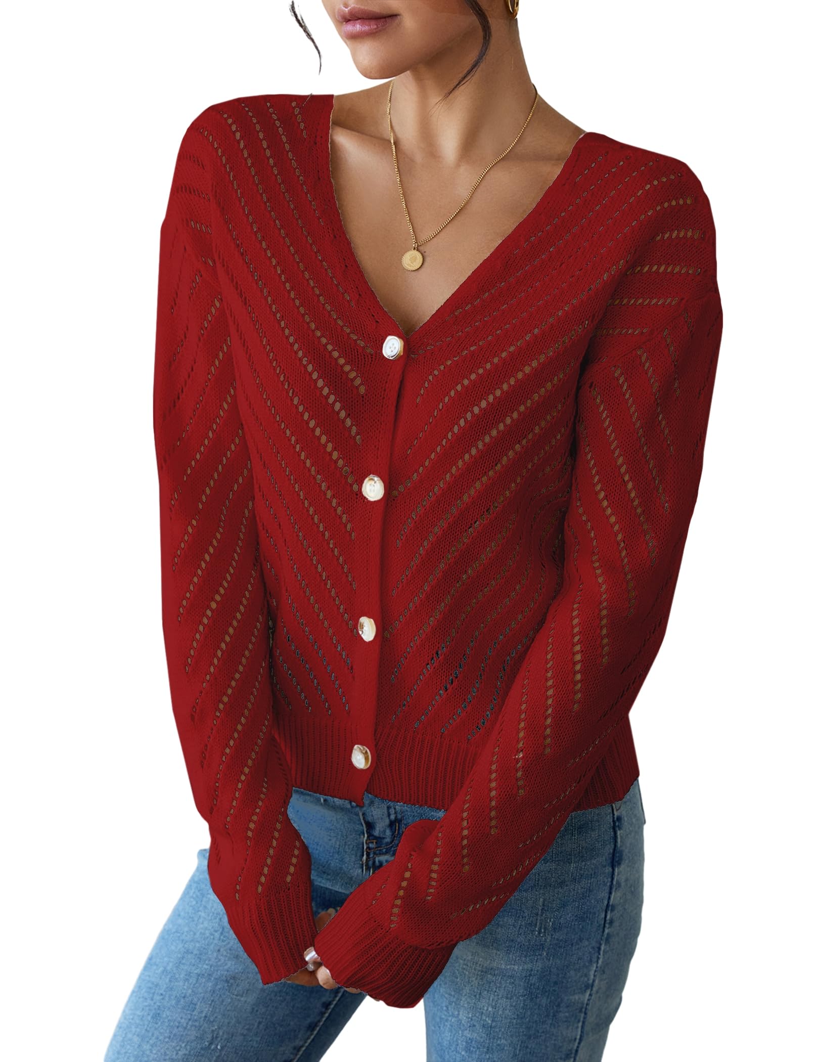 Womens Sexy Off The Shoulder Sweater Spring 2025 Trendy Lightweight Cute Crochet Knit Hollow Out Button Cardigan