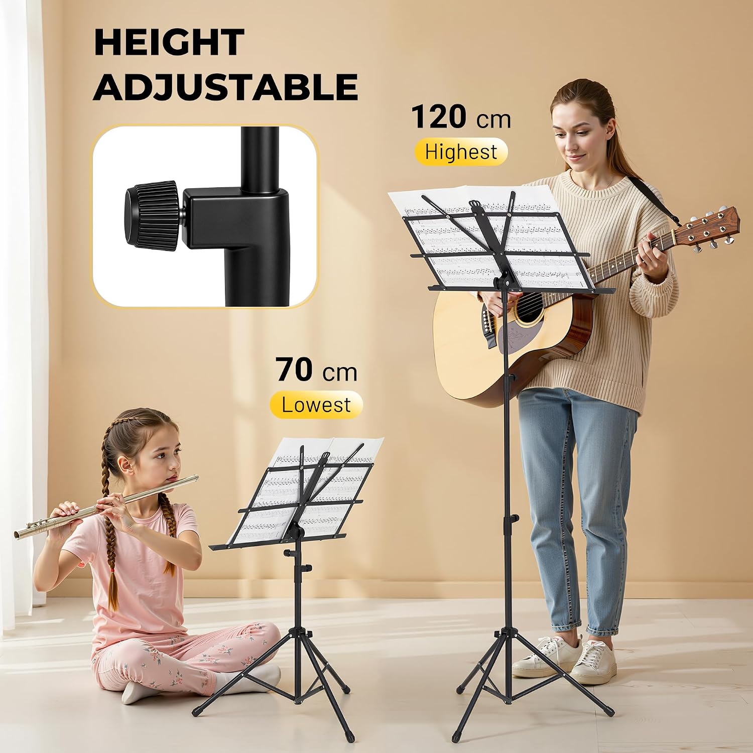 CAHAYA 2 in 1 Portable Music Stand - Desk & Floor Stand, Height Adjustable, Foldable with Bag and Sheet Music Clip, Ideal for Students, Musicians and Outdoor Performances