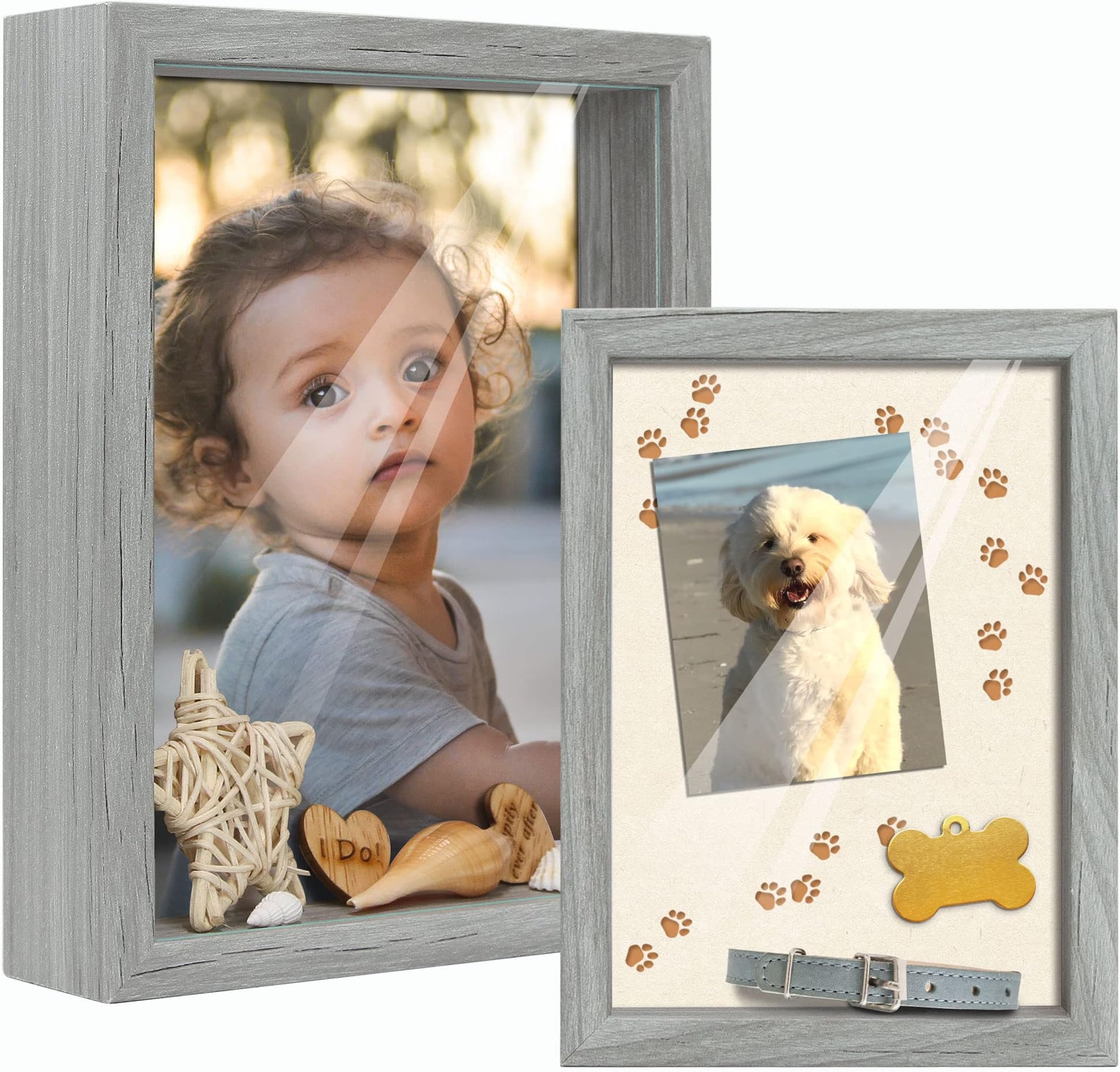 Afuly Shadow Box Frame Grey 6x8 and 5x7 Wooden Deep Photo Frames Freestanding or Wall Hanging 3d box for Cards Tickets Baby Gifts, Set of 2