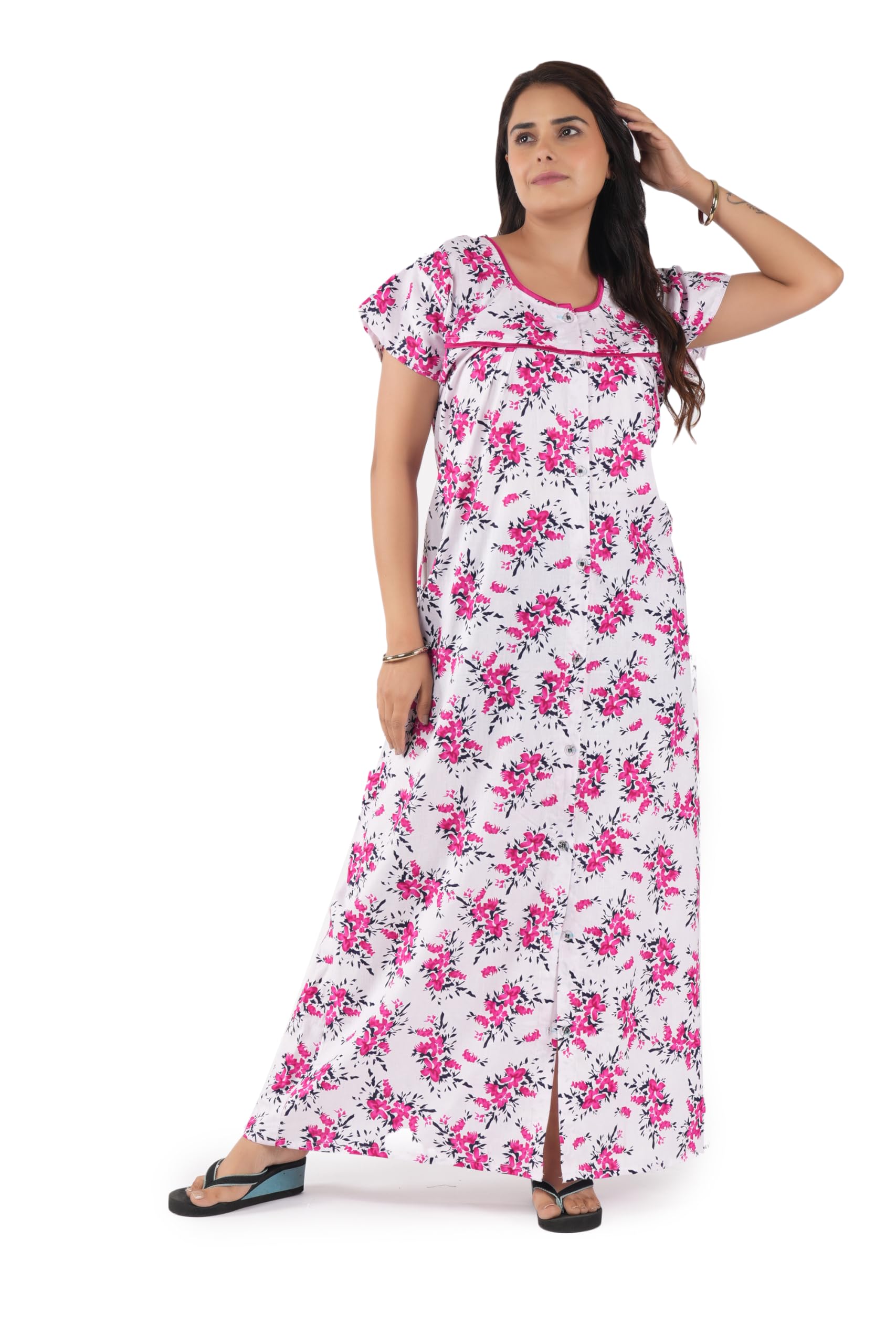 Polina Women's All Over Printed Open Front Cotton Blend Nighty/Maxi/Nightgown/Nightwear Article No-141-image-37