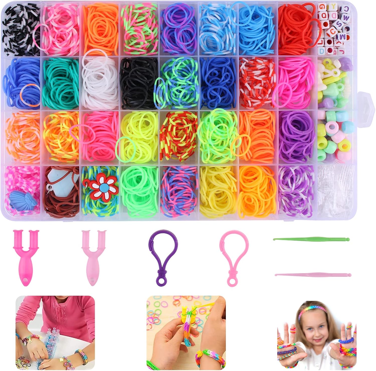 Pulseras Gomas - Bandas de Goma para Hacer Pulseras, 2200 Comitas Elásticas Plásticas, DIY Cintas de Telar Kit de Pulseras con Bandas de Telar Pulsera Collar Herramienta de Tejer Juguetes de DIY