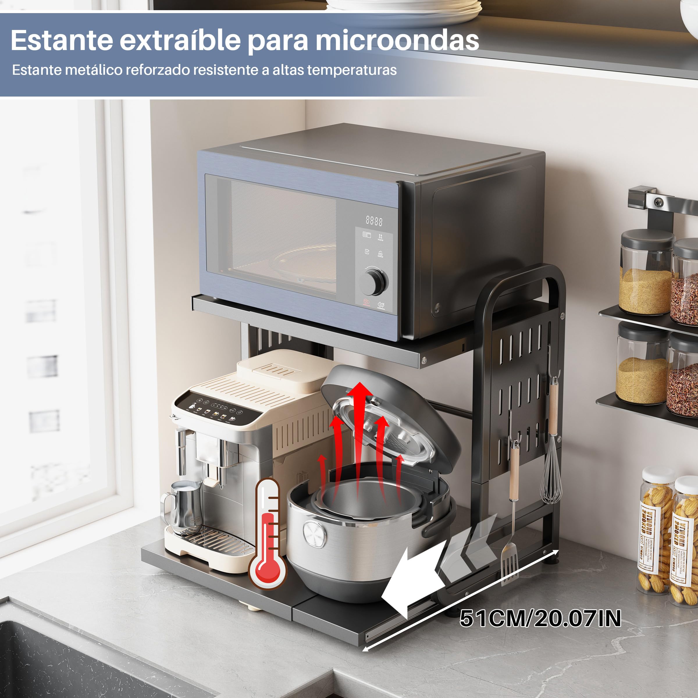 Estante Extensible para Microondas, lmacenamiento Encimera Cocina | Extráctil, 2 Niveles, 6 Ganchos Metálicos, Soporte para Freidora sin Aceite y Horno, Negro