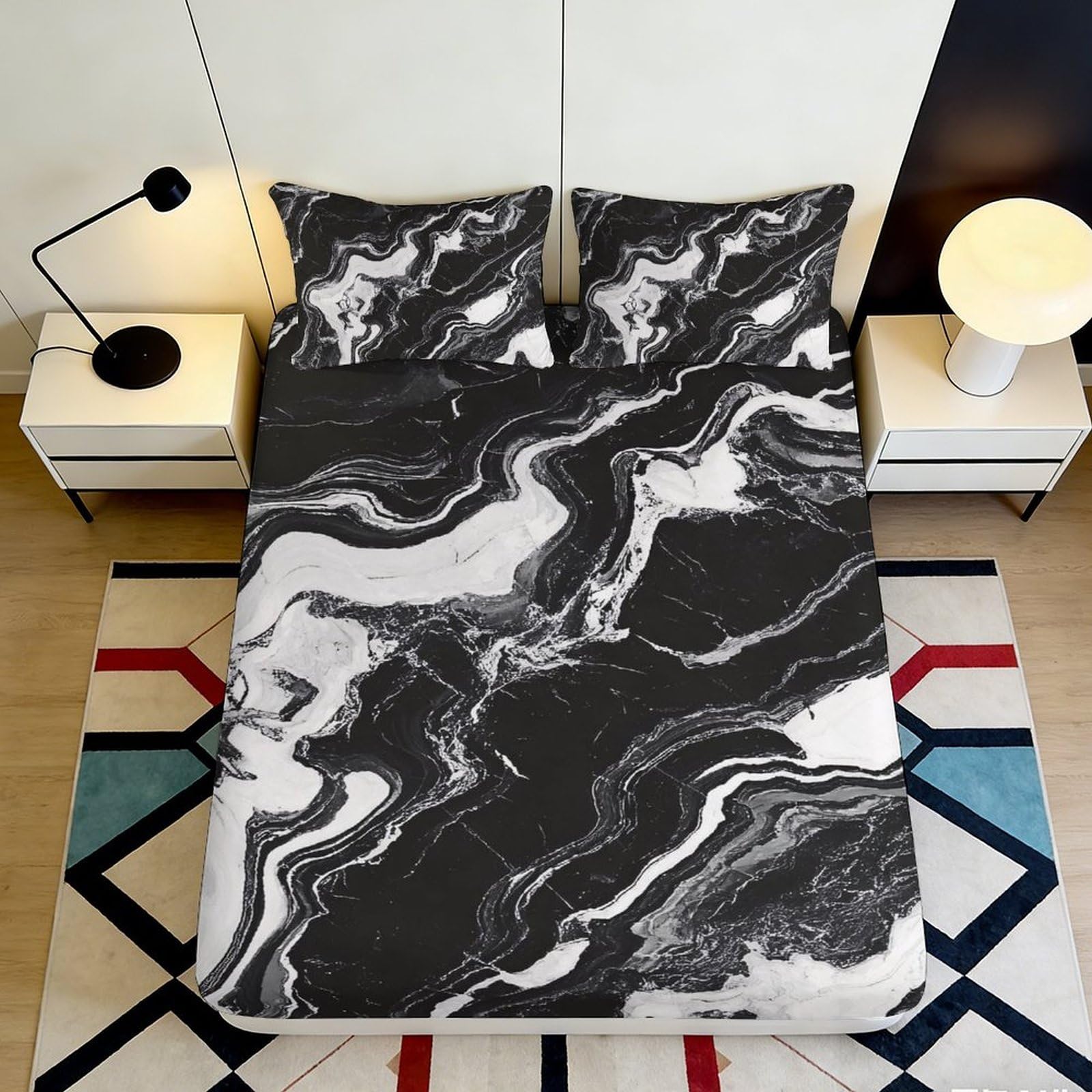 3D Printed Black White Marble Fitted Sheet Microfiber Soft Breathable Abstract Swirl Bed Sheet for Bedroom Dormitory Guest Room Mattress Protection Decor 180x200x25cm