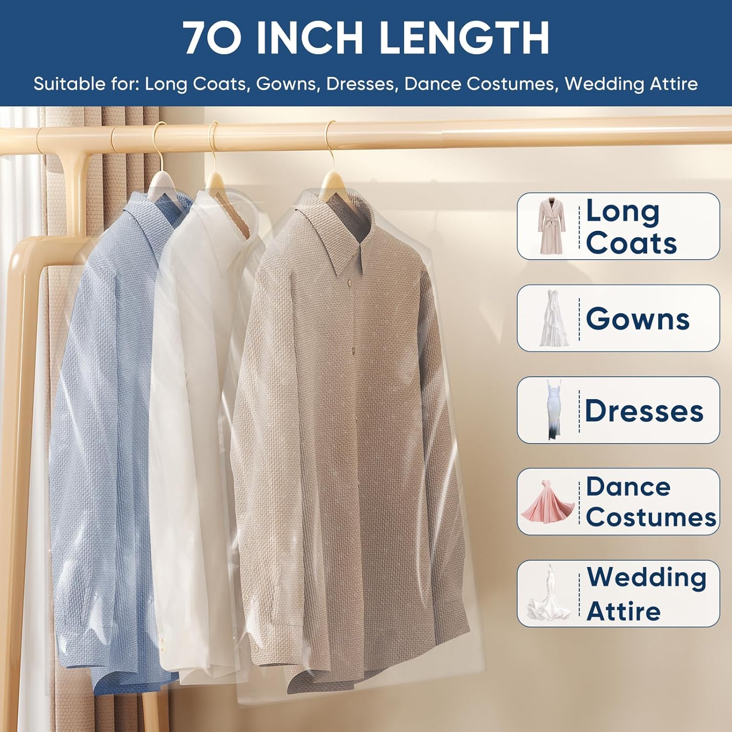 100 Pack 23.6"x70" Garment Bags for Hanging Clothes, Thick Clear Plastic Dry Cleaning Covers for Closet Storage & Travel - Image 3